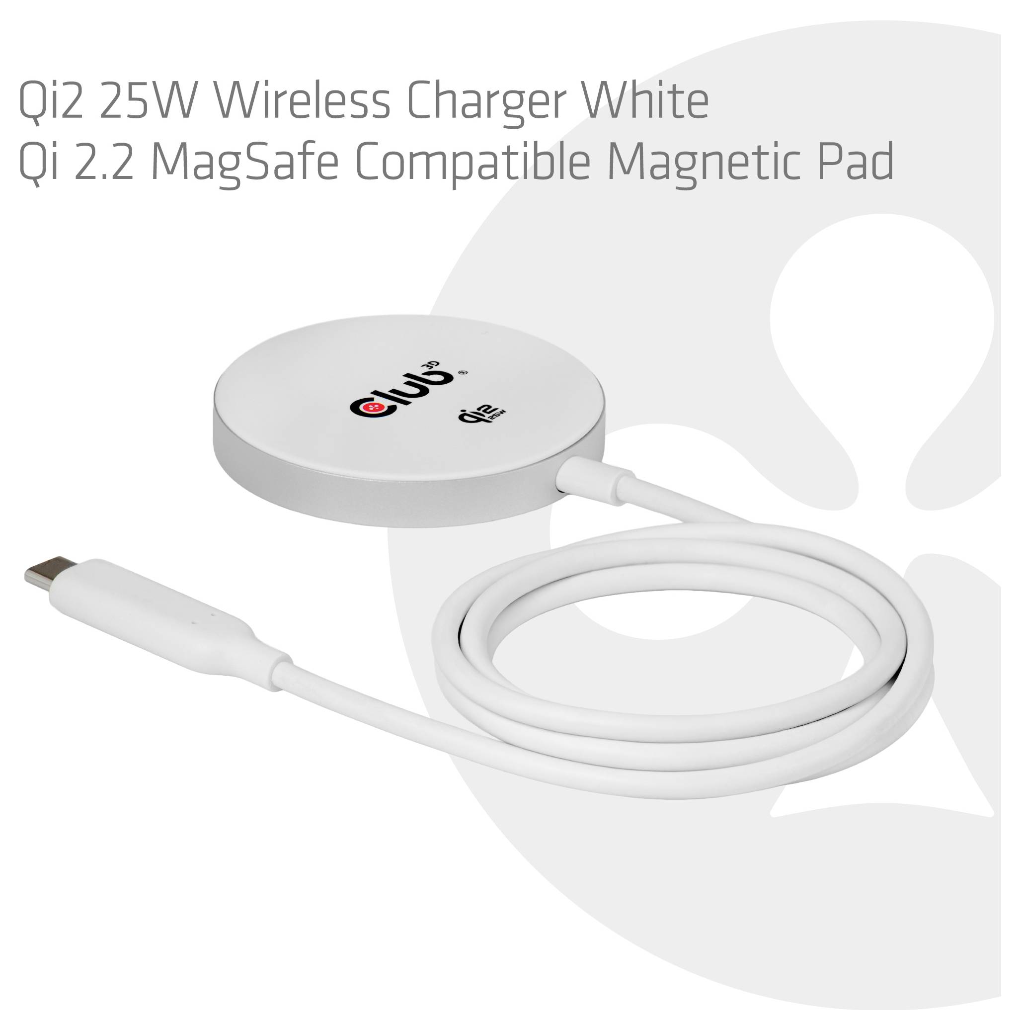 Club3D Induktions-Ladegerät Qi2 USB-C 25Wa CAC-3026 Ausgänge Induktionslade-Standard Weiß