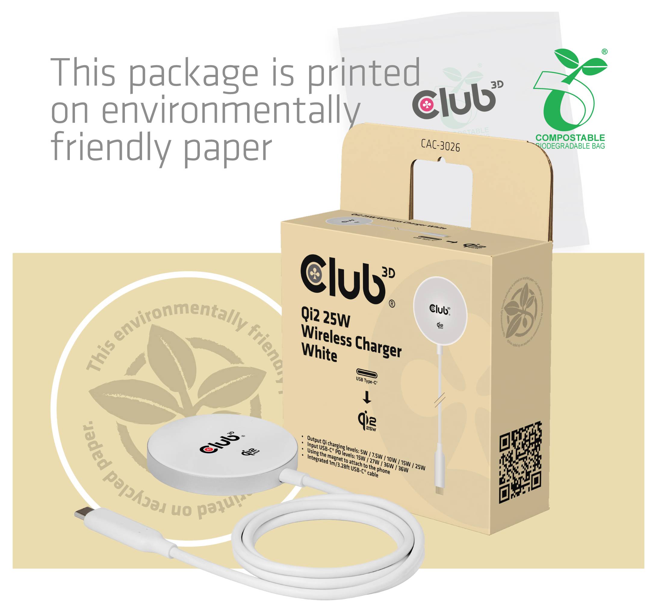 Club3D Induktions-Ladegerät 25W Qi2 USB-C 25Wa CAC-3026 Ausgänge Induktionslade-Standard Weiß