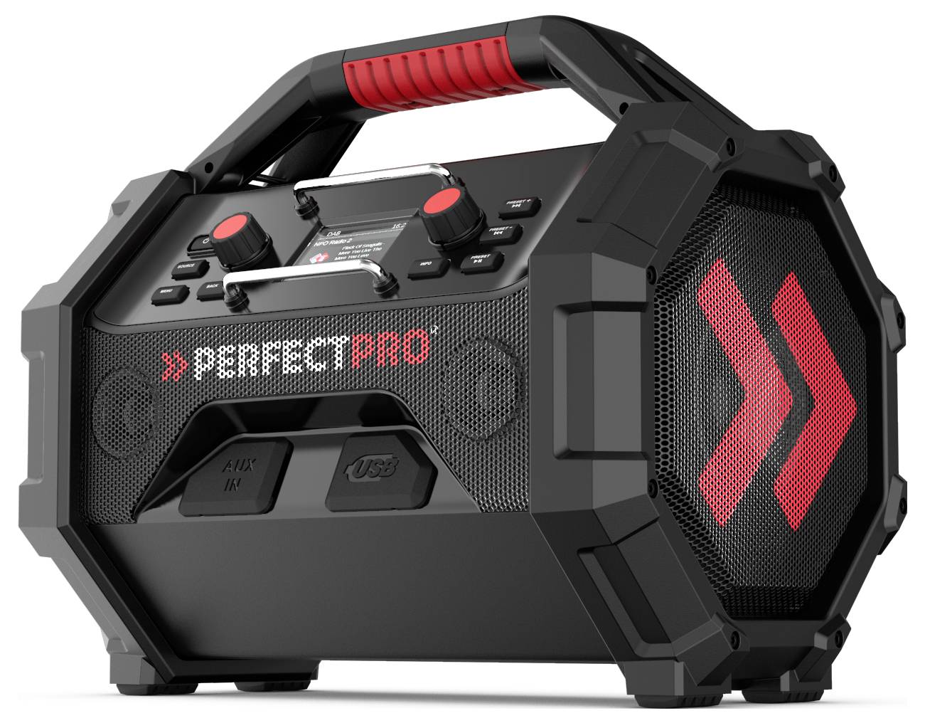 Tragbarer schwarzroter Bluetooth-Lautsprecher mit Griff, ausgestattet mit Drehreglern, Tasten und USB-Anschluss für Konnektivität und Audiokontrolle.