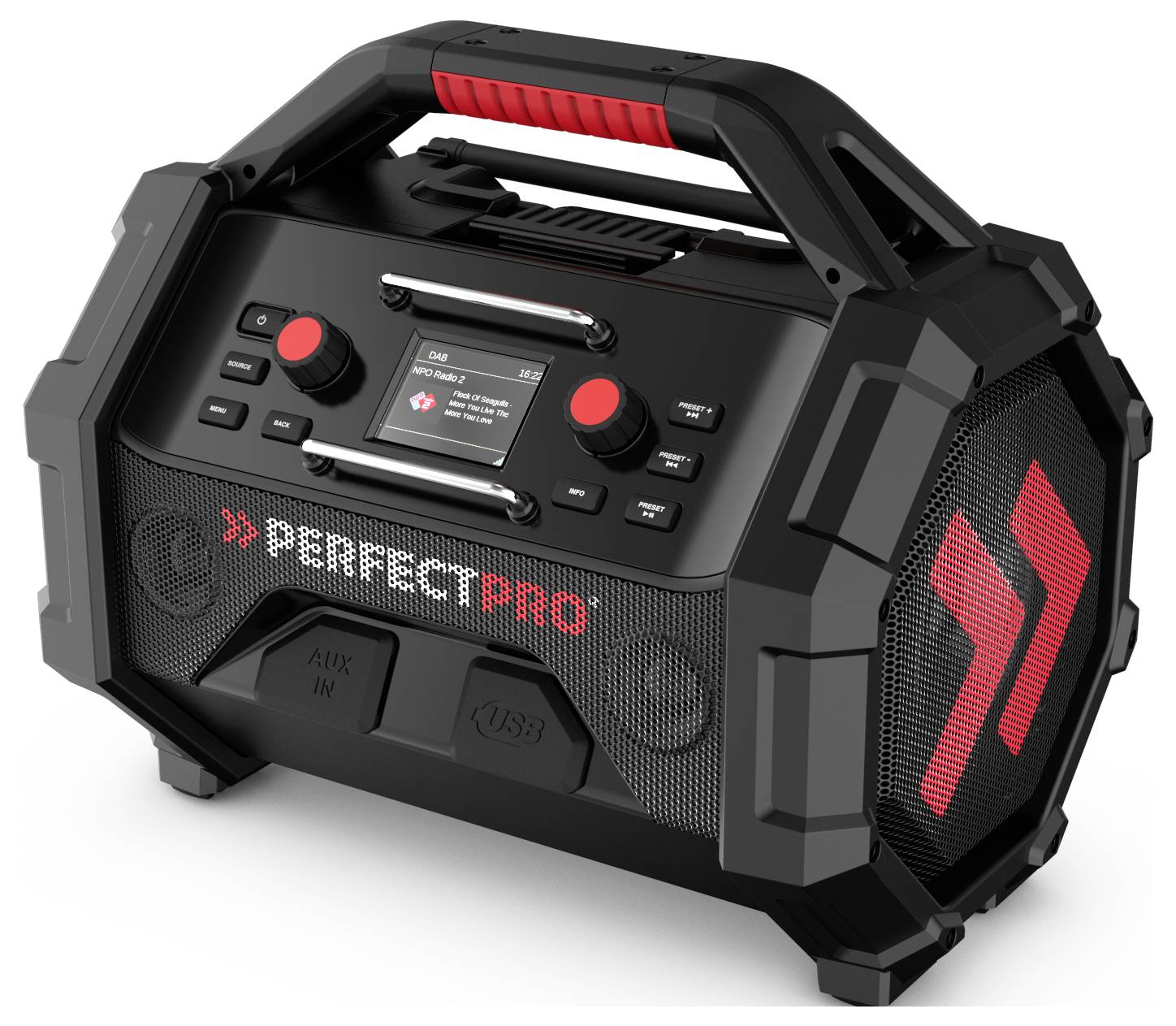 Tragbarer schwarzer und roter Audioplayer mit Griff, zeigt Steuerungstasten, ein Display und die Markenbezeichnung „PerfectPro
