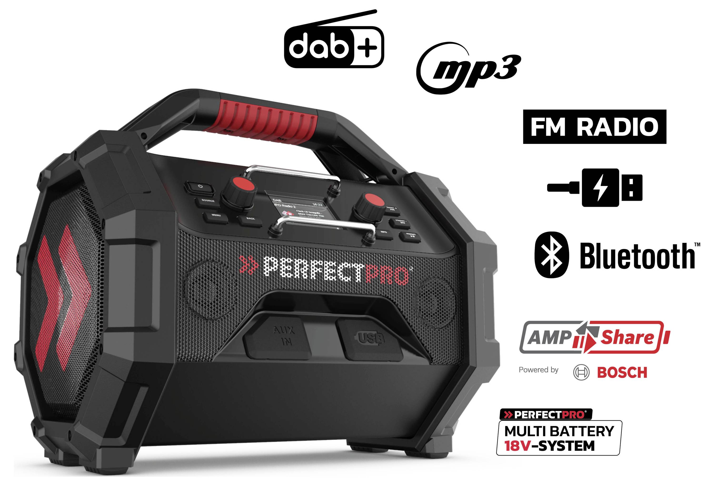 Ein tragbares schwarzrotweißes Radio mit Griff bietet DAB+, MP3, UKW-Radio und Bluetooth. Kompatibel mit dem AMPShare-Akkusystem von Bosch.