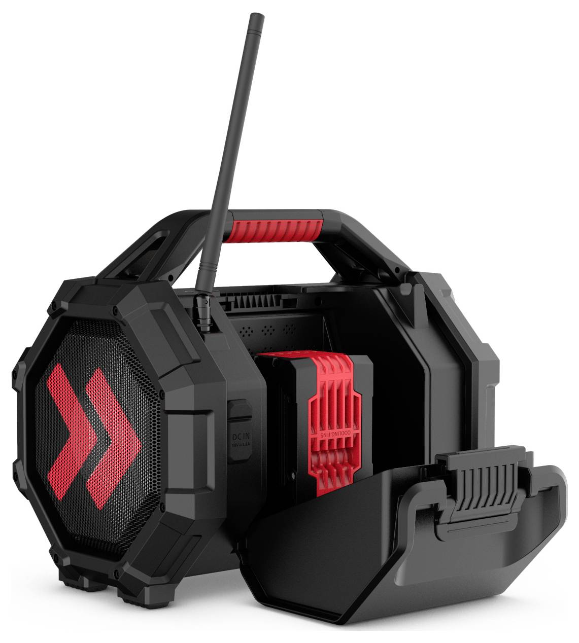Ein tragbares schwarz-rotes Radio mit Griff und Antenne, das ein robustes Design und ein Lagerfach auf der Unterseite aufweist.