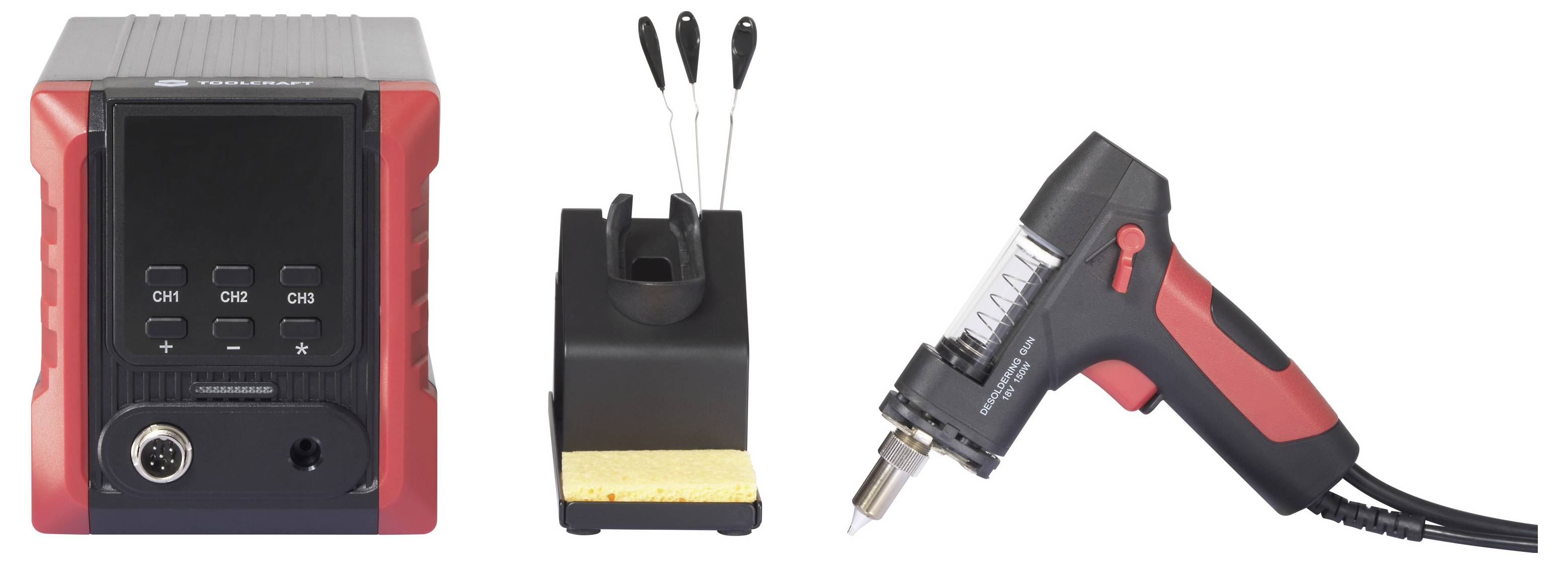 Lötstation mit digitalem Display, Lötkolbenständer und Heißluftpistole. Entwickelt für die Elektronik-Reparatur und Montage.