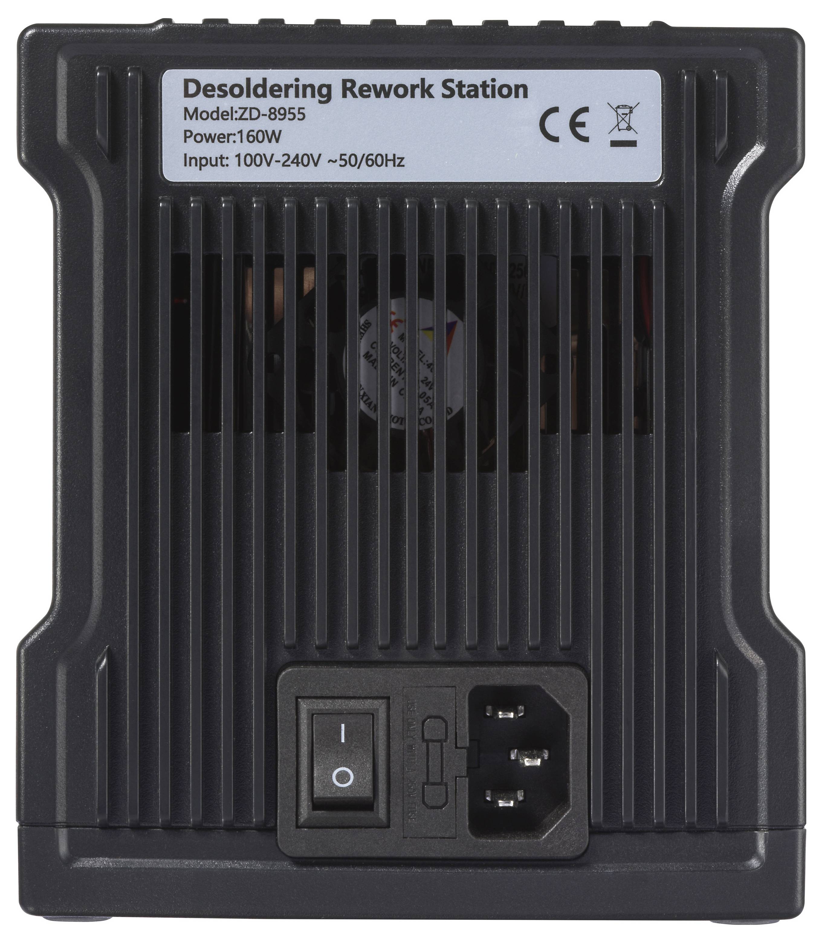 Entlötungs-Reworkstation, Modell ZD-8955, Leistung: 160W, Eingabe: 100V-240V ~50/60Hz mit Stromschalter und Steckdose auf einem schwarzen Gerät.