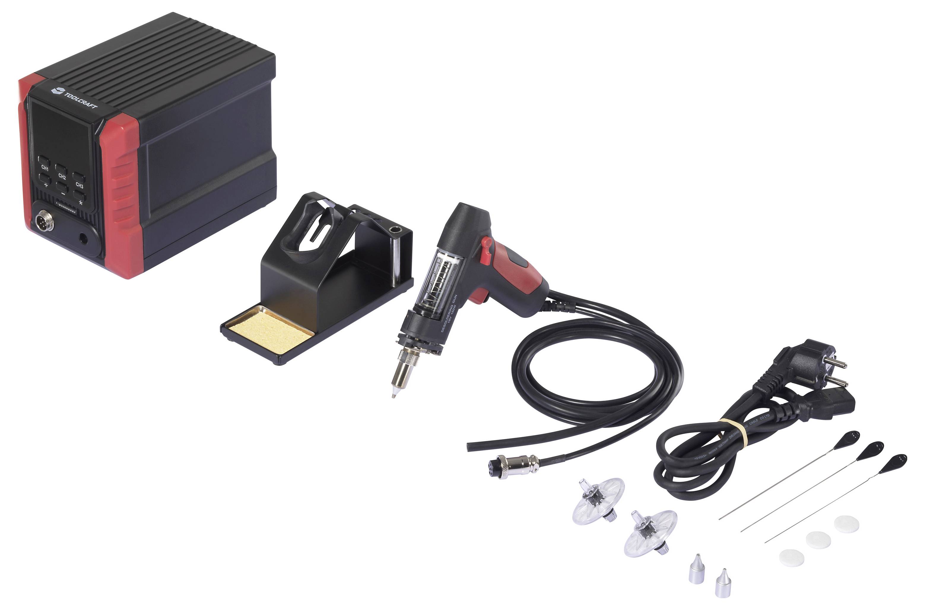 Lötstation-Set mit Hauptgerät, Lötkolben, Halter, Stromkabel, austauschbaren Spitzen und Zubehör für präzise Arbeiten.
