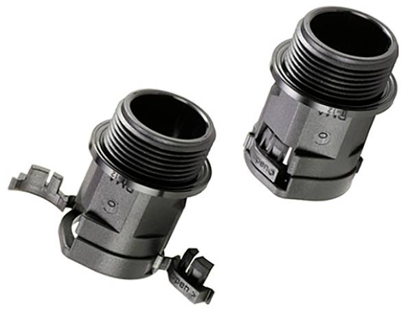 Zwei schwarze Metallverbinder mit außenverzahntem Gewinde und befestigter Schelle, nach rechts geneigt.