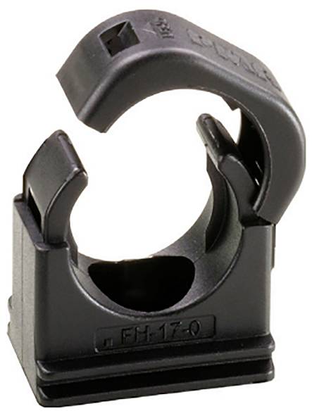 Ein schwarzer Kunststoffclip mit einer runden Öffnung und einer Verriegelung, verwendet zum Sichern von Kabeln oder Schläuchen.