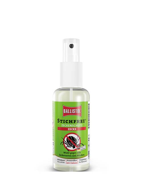Eine Sprühflasche mit der Bezeichnung „Ballistol Stichfrei Zeckenschutz Zecke