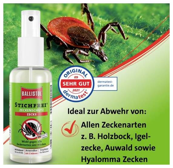 Flasche von Ballistol Stichfrei Zeckenschutz neben einer großen Zecke auf grünem Hintergrund. Text: 'Ideal zur Abwehr von: Allen Zeckenarten...'