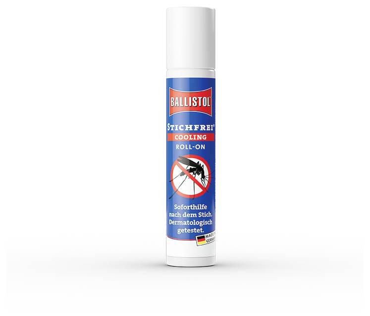 Ballistol Stichfrei Kühl-Roller in einer Flasche mit blauem Etikett, auf dem die Abbildung einer durchgestrichenen Mücke zu sehen ist. Bietet sofortige Linderung, dermatologisch getestet.