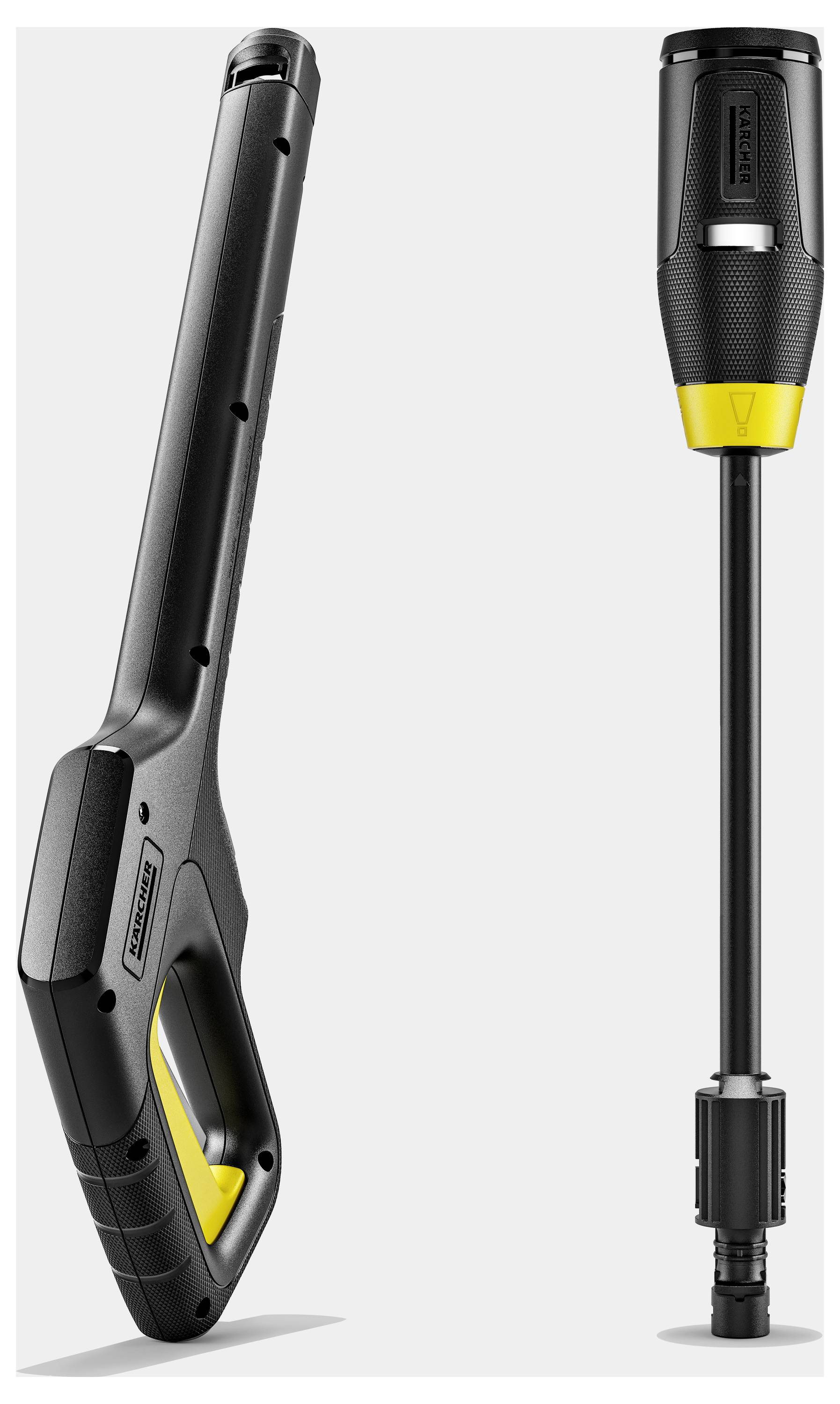 Hochdruckreiniger-Spritzpistole und Düse mit ergonomischem Design, mit schwarzem und gelbem Farbschema.