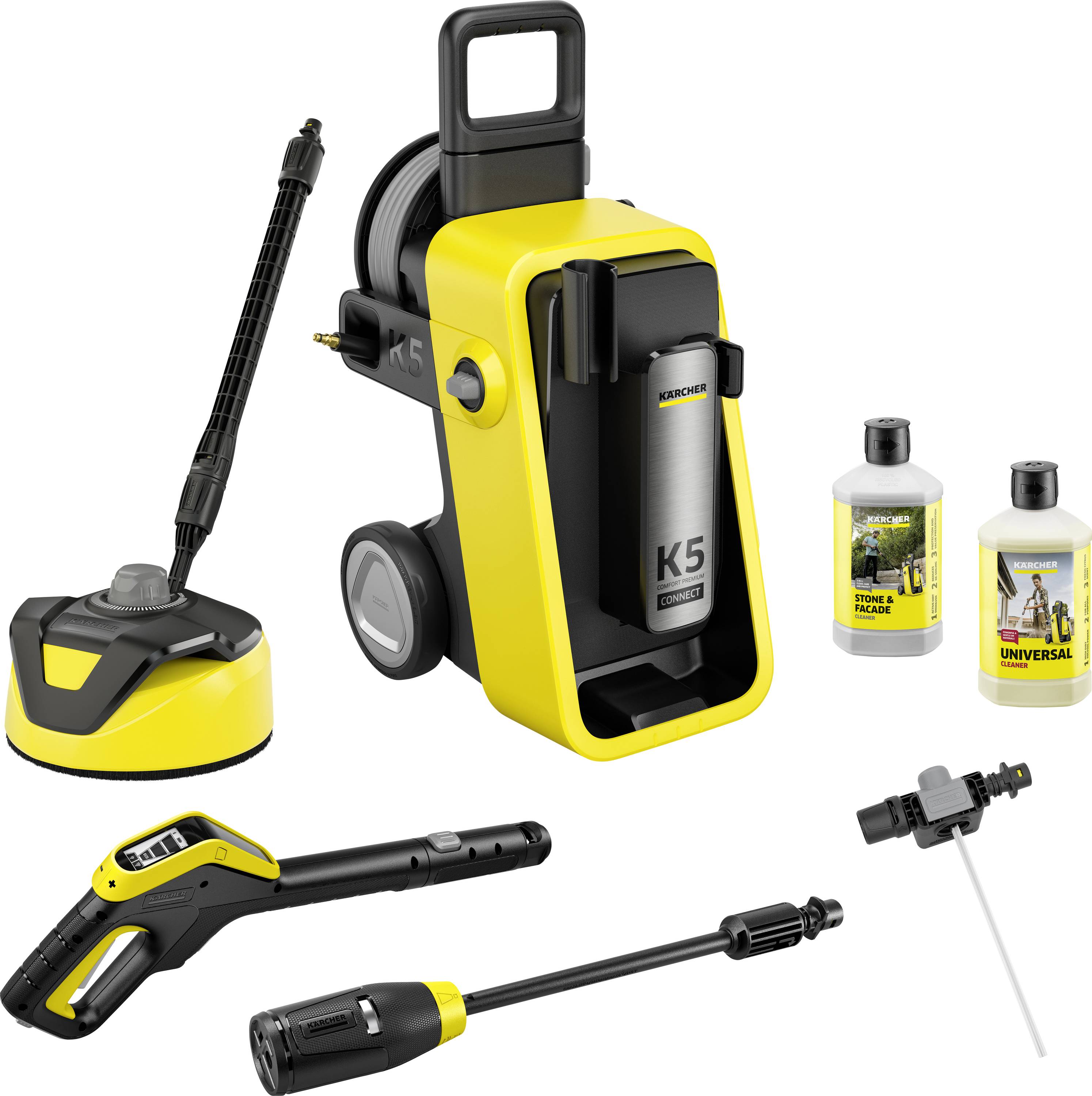 Kärcher K5 Hochdruckreiniger-Set, bestehend aus Spritzpistole, zwei Flaschen Reinigungsmittel, einem Oberflächenreiniger für Hochdruckreiniger und Zubehör.