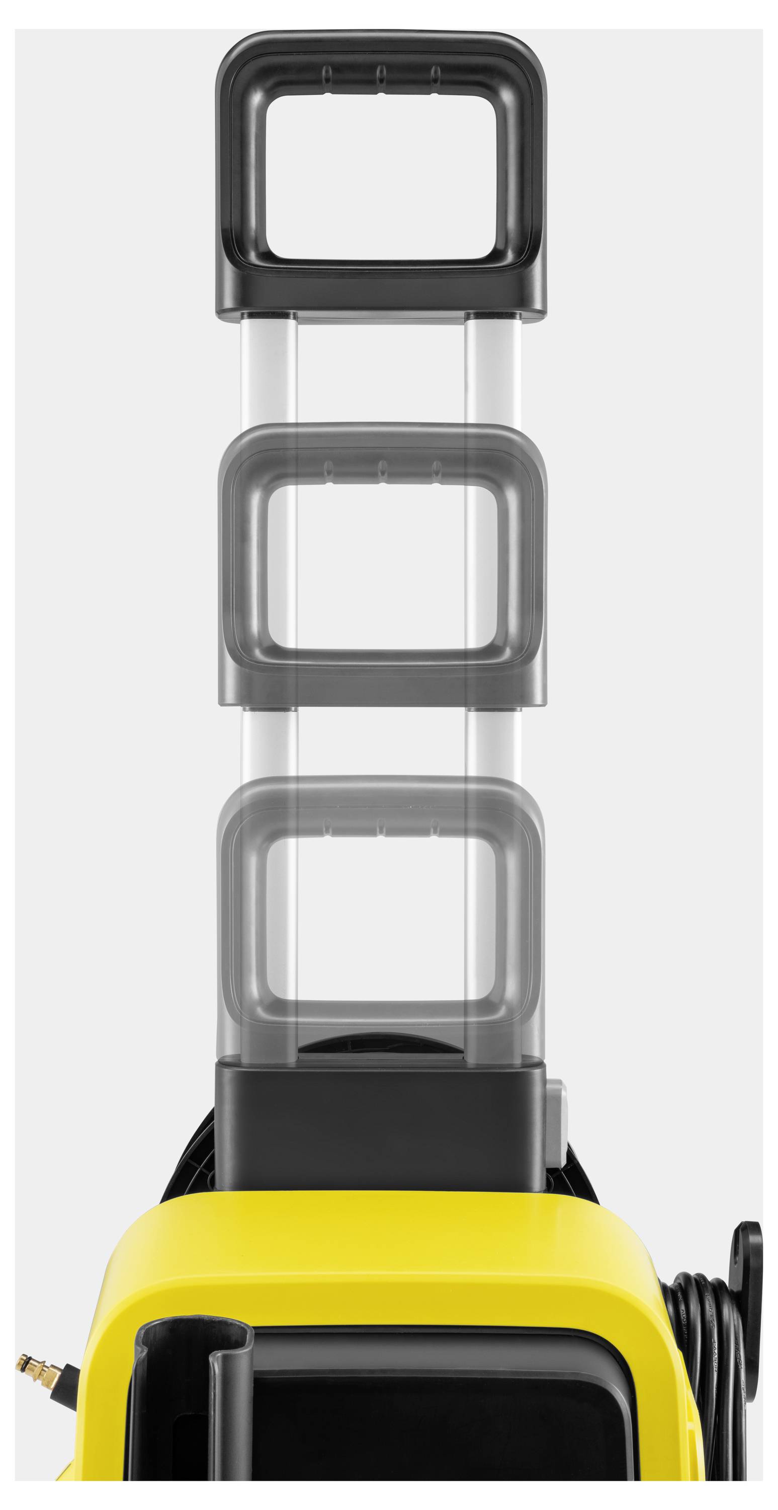 Ein gelber Koffer mit ausziehbarem Teleskopgriff, bestehend aus drei Abschnitten, jeder mit schwarzem Griff.