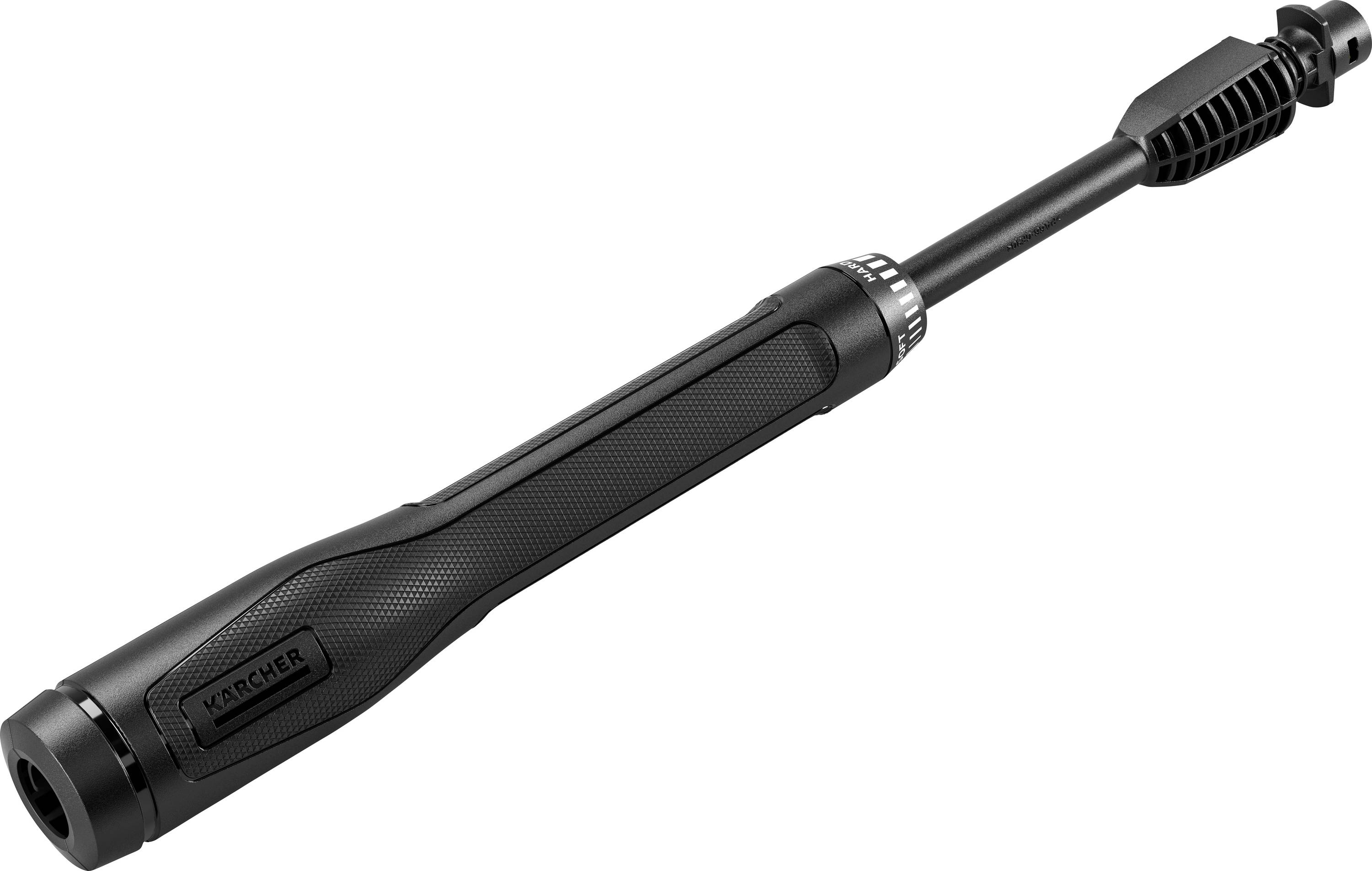 Eine schwarze Hochdruckpistole mit strukturiertem Griff und verstellbarer Düse, entwickelt für Reinigungsaufgaben, mit der Markenbezeichnung „Kärcher