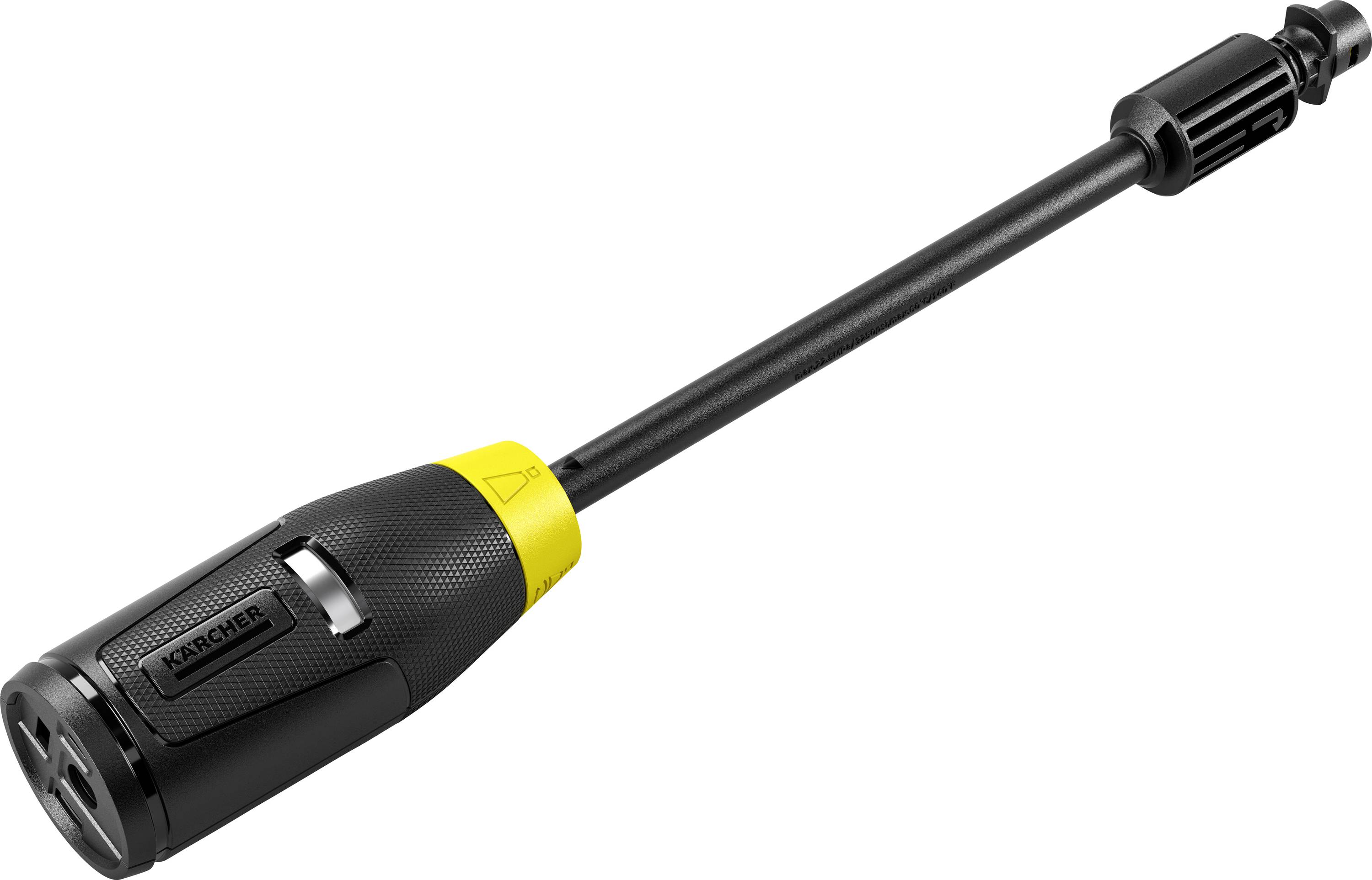 Ein schwarzer und gelber Hochdruckreiniger mit langem Düsenaufsatz, entwickelt zur effektiven Reinigung von Oberflächen.