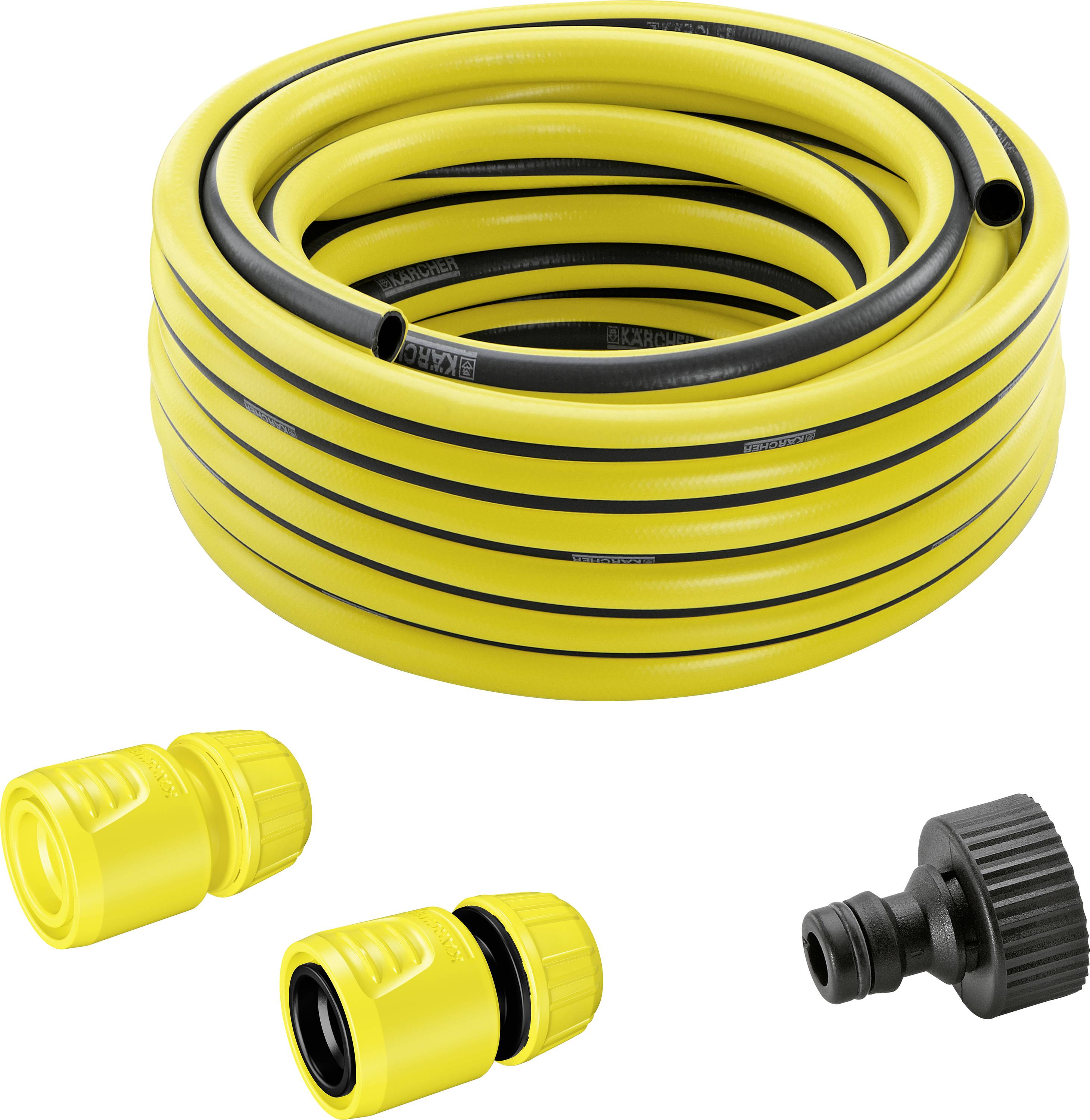 Ein aufgerollter gelber Gartenschlauch mit schwarzen Streifen wird zusammen mit zwei Schlauchanschlüssen und einem Adapter gezeigt.