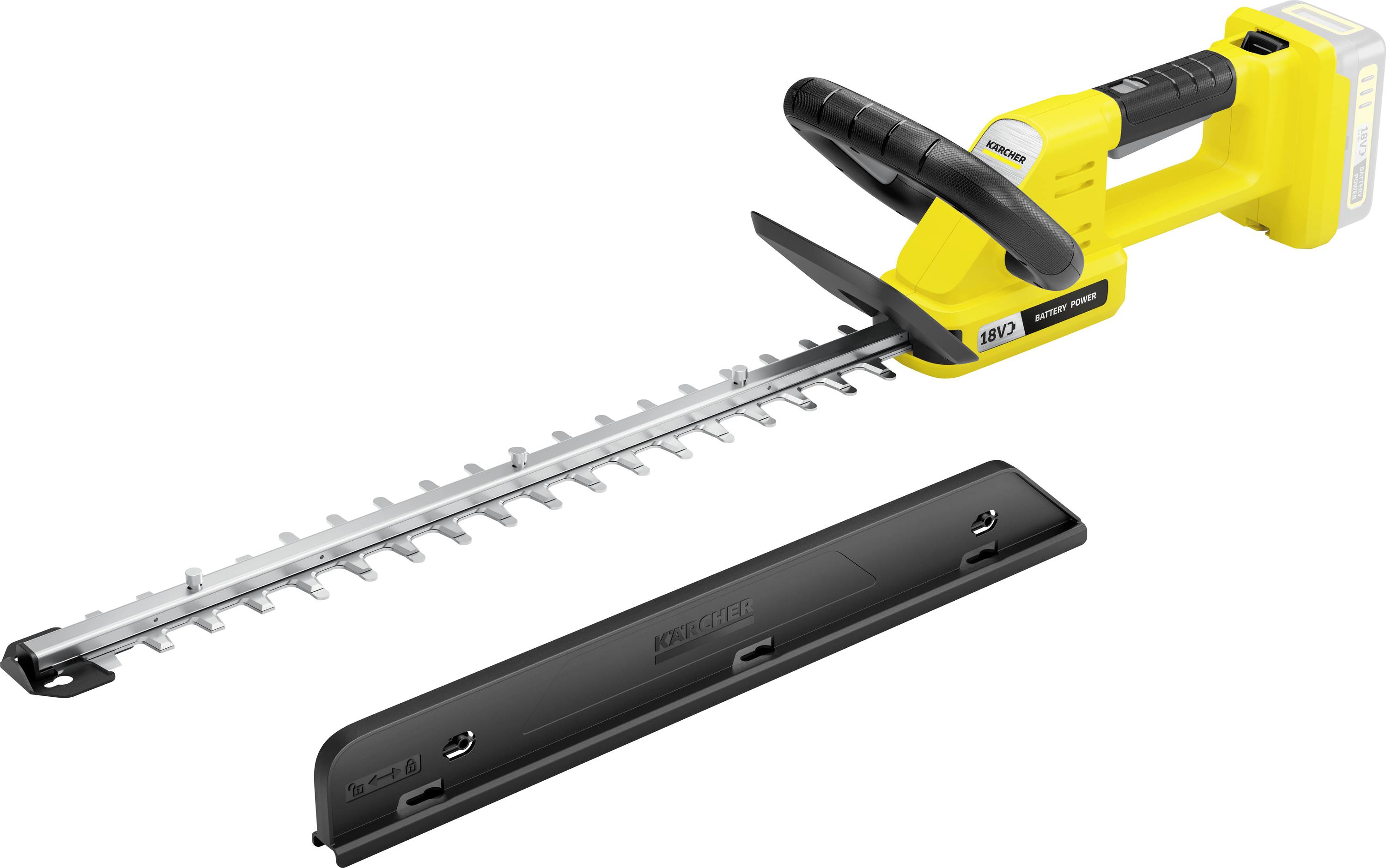 Gelbe kabellose Heckenschere mit schwarzem Griff und Klingenschutz, entwickelt zum Schneiden von Hecken; Markenname auf dem Griff sichtbar.