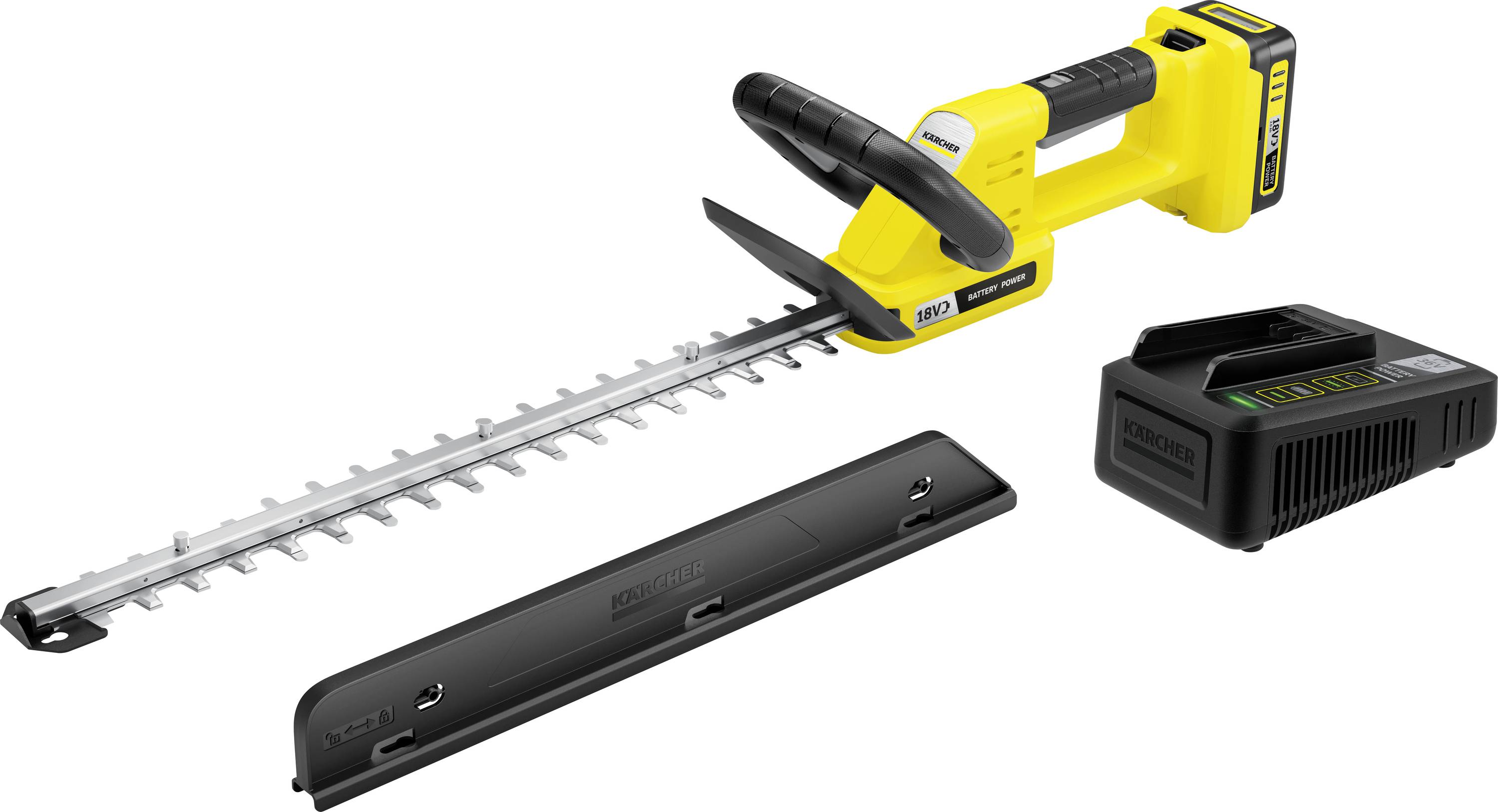 Gelbe kabellose Heckenschere mit Akku und Messerschutz. Die Schere hat eine lange, gezahnte Klinge und einen ergonomischen Griff für einfache Bedienung.