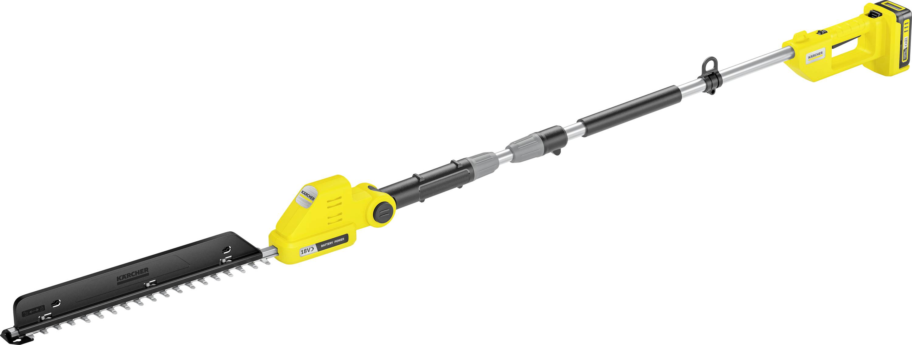 Eine lange gelbe Heckenschere mit verlängertem Griff, speziell zum Schneiden von hohen Hecken und Büschen konzipiert, mit einer Klinge an einem Ende.