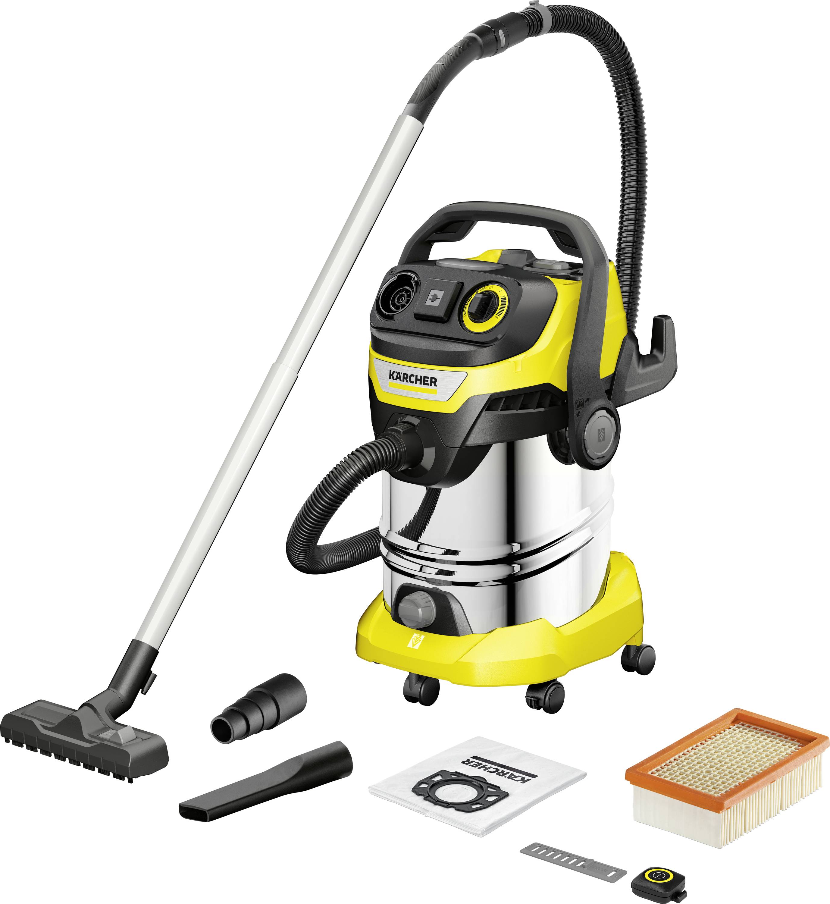 Ein gelb-schwarzer Staubsauger mit einem langen Schlauch und verschiedenen abnehmbaren Aufsätzen. Geeignet für Nass- und Trockensaugarbeiten.