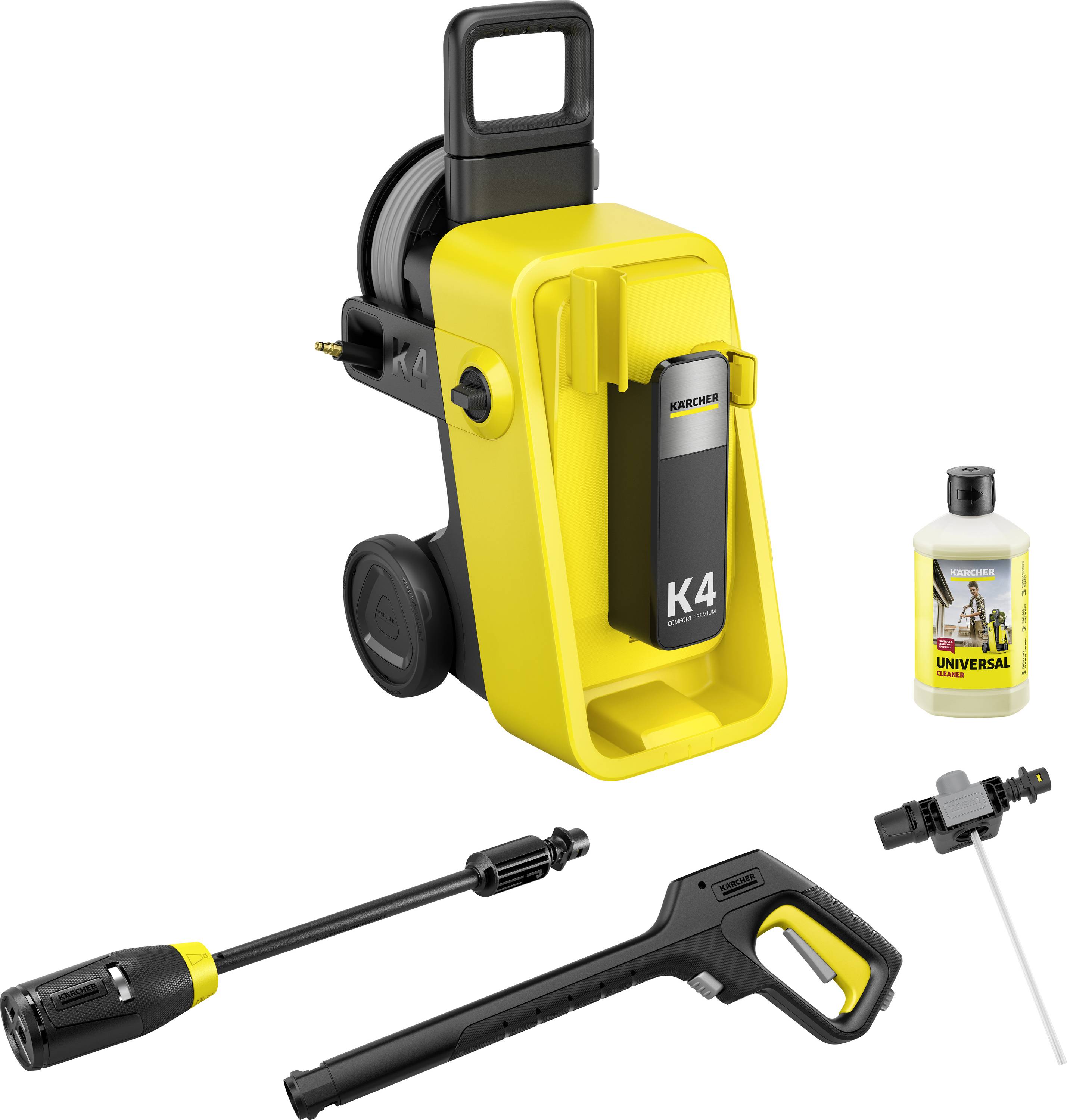 Kärcher K4 Hochdruckreiniger mit Schlauchtrommel, Spritzlanze, Druckpistole und Universal-Reiniger