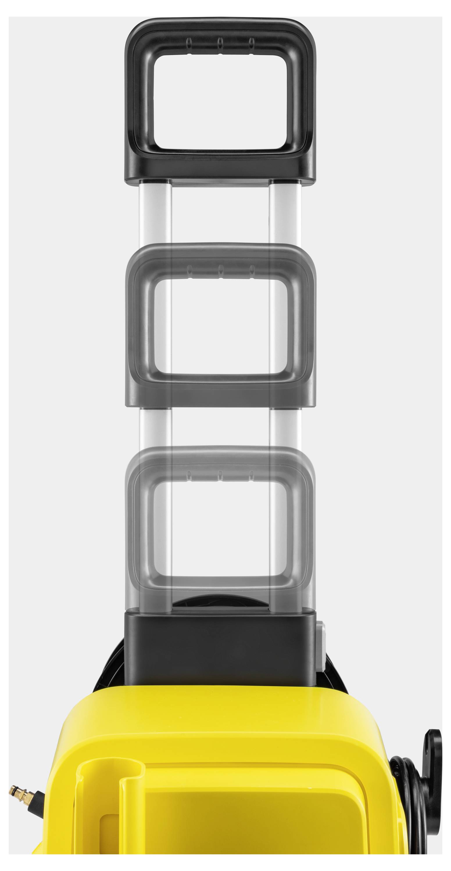 Transparente Kunststoffgriffe auf einem gelben Koffer, vertikal gestapelt, für einfachen Halt und Tragbarkeit konzipiert.