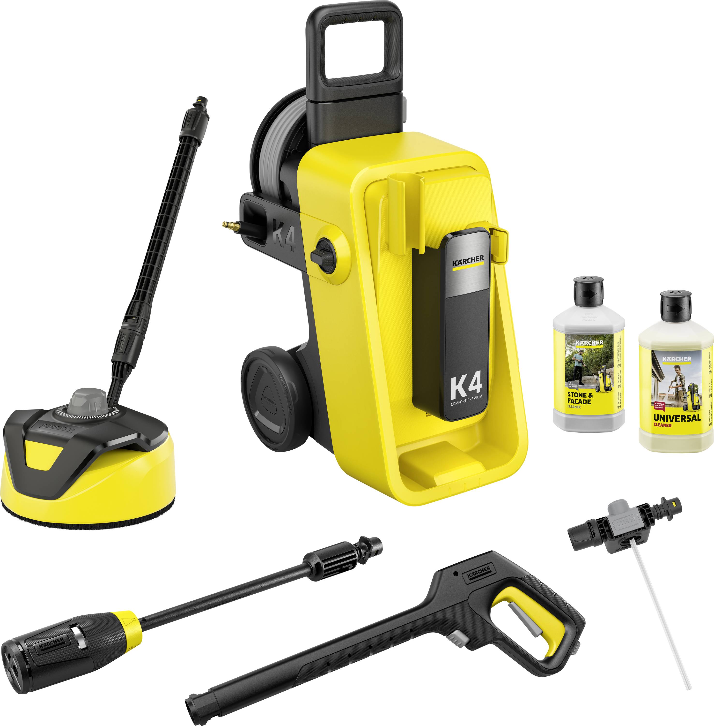 Elektrischer Hochdruckreiniger mit Flächenreiniger, Spritzpistole, Verlängerungslanze und Waschmittelflaschen. Modell „K4