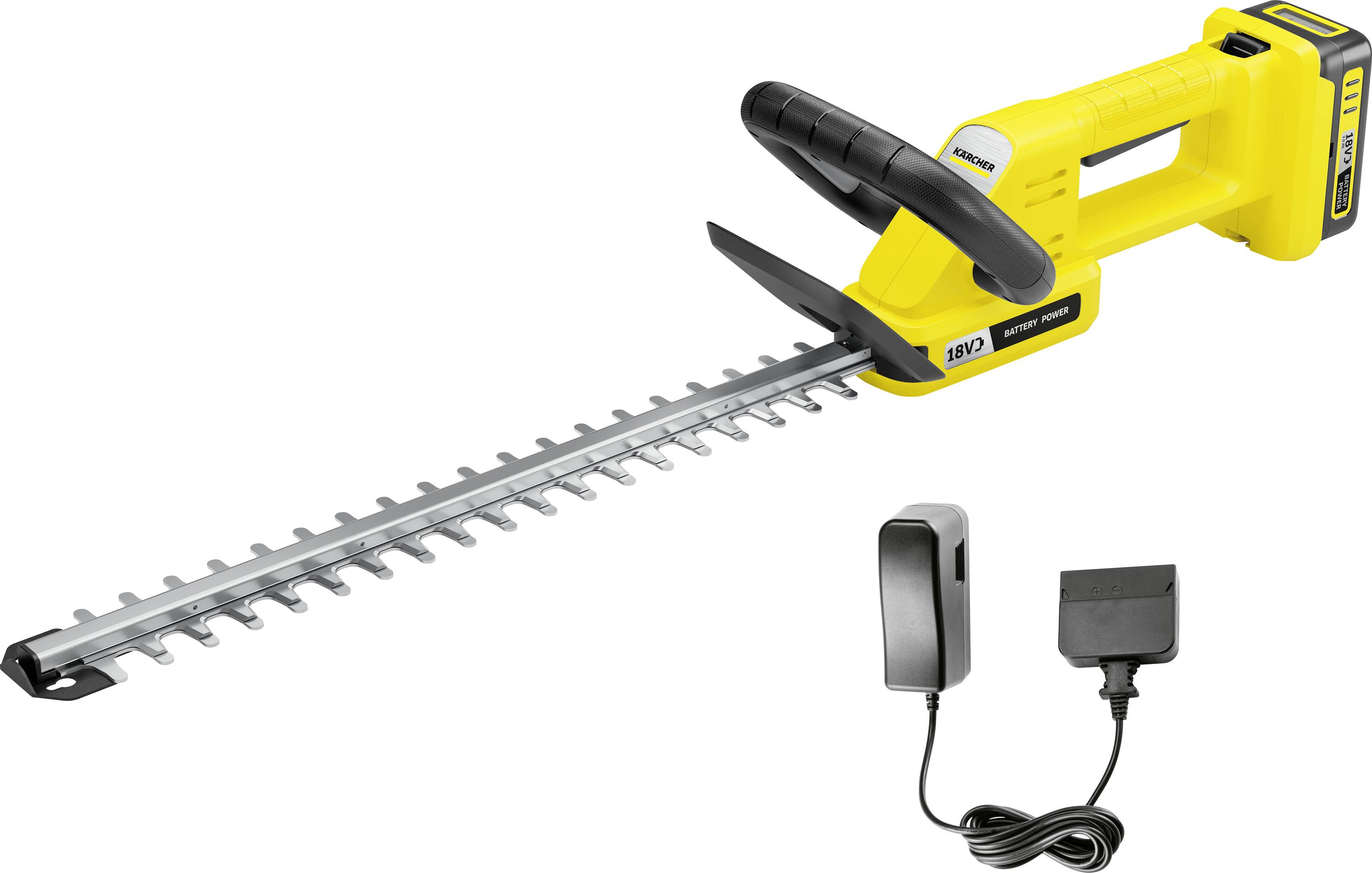 Ein gelber kabelloses Heckenscherenmesser mit Doppelhubklinge wird zusammen mit seinem Batterieladegerät gezeigt und ist zum Schneiden von Gartenhecken ausgelegt.