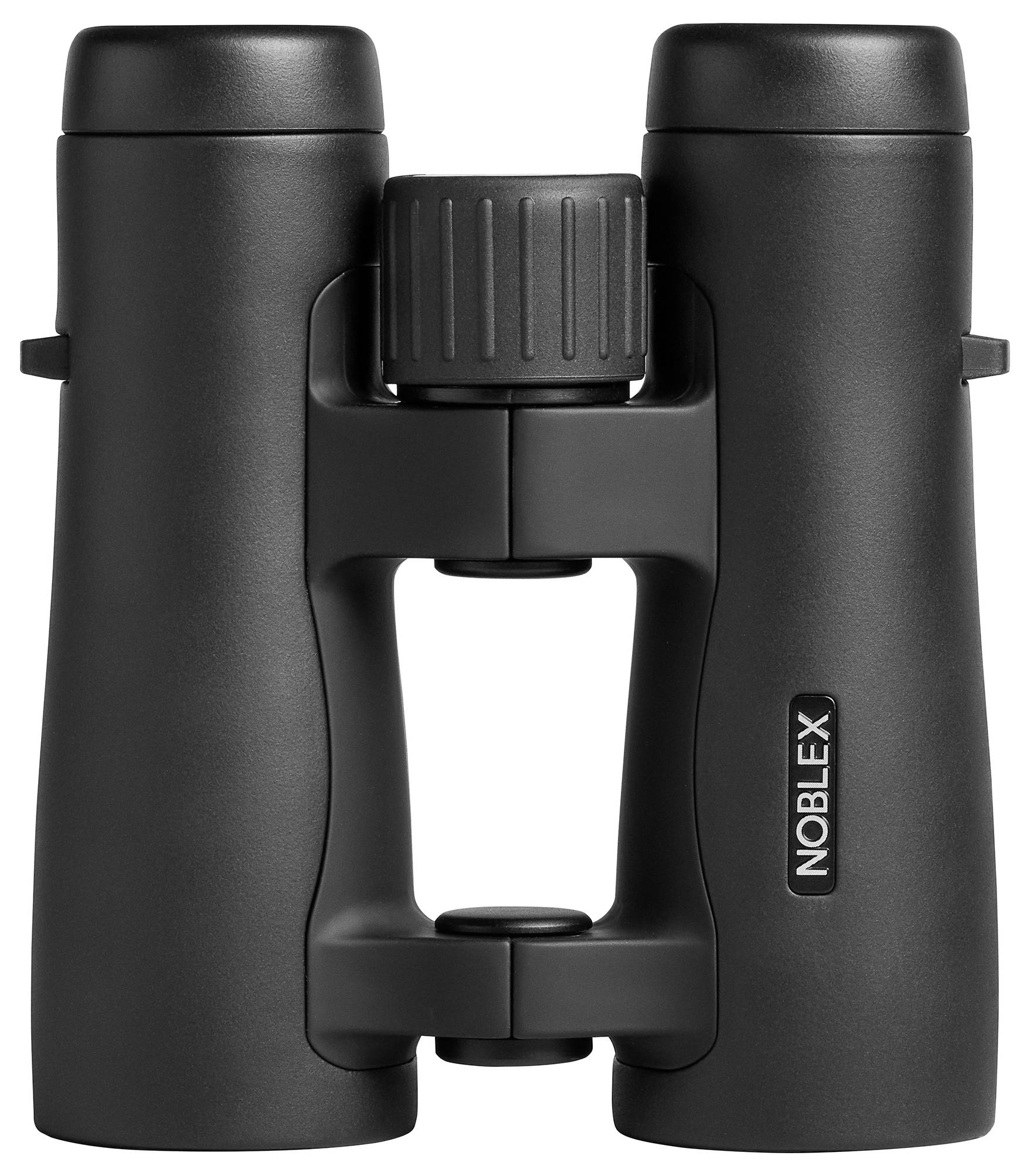 Schwarze Ferngläser mit einem zentralen Fokussiermechanismus und dem Markennamen „Noblex
