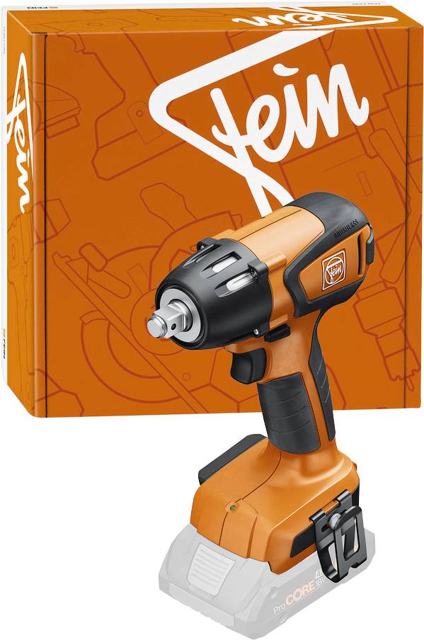 Orange Akku-Schlagschrauber mit ergonomischem Griff und kompaktem Design vor der entsprechenden Originalverpackung.