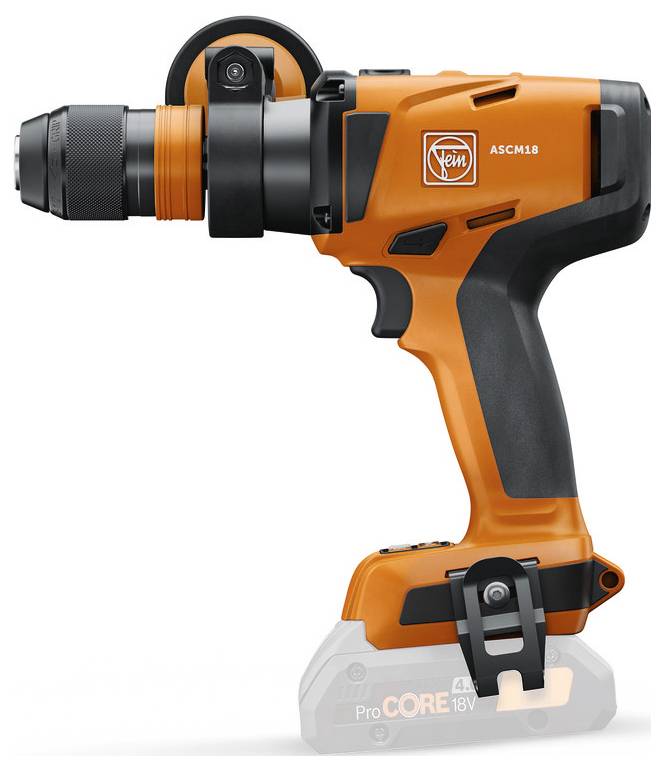 Orange-schwarze kabellose Elektrobohrmaschine mit schwarzem Griff, gekennzeichnet mit „Fein ASCM18