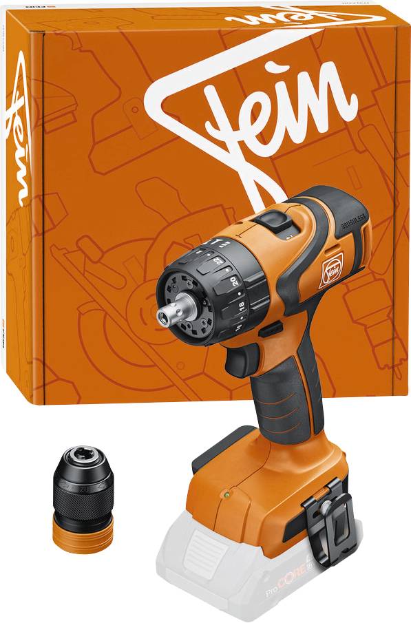 Orange Akku-Bohrmaschine mit auswechselbarem Bohrfutter, Marke „Fein