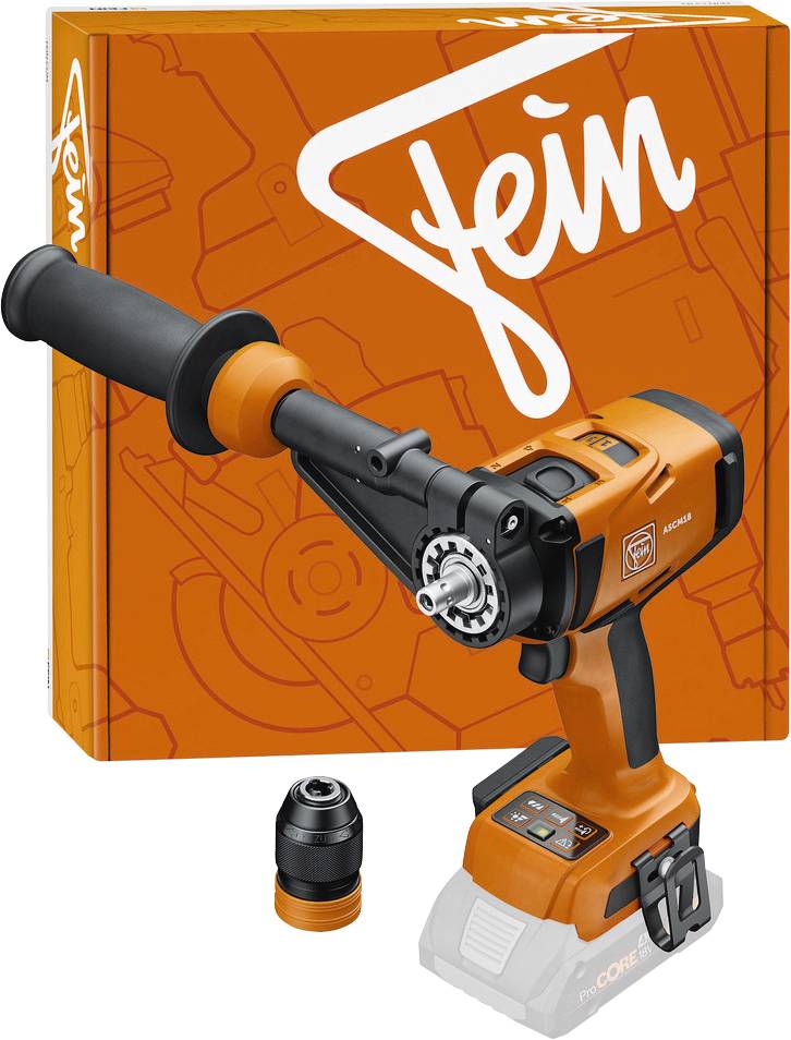 Ein orangefarbener schnurloses Bohrgerät mit Seitegriff und Zusatzfutter sitzt vor seiner Verpackung und zeigt ein markantes weißes Markenlogo.