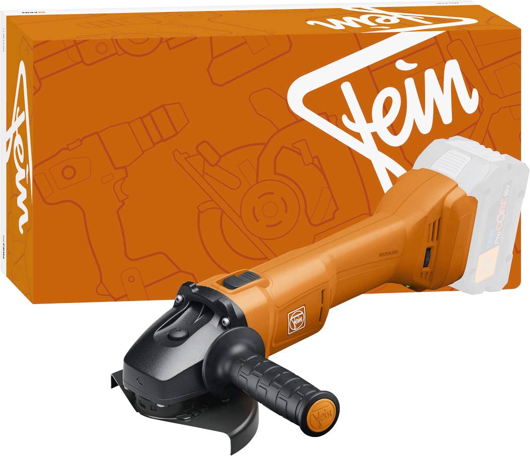 Ein orangefarbenes Elektrowerkzeug, wahrscheinlich ein Schleifer, mit der Marke „Fein