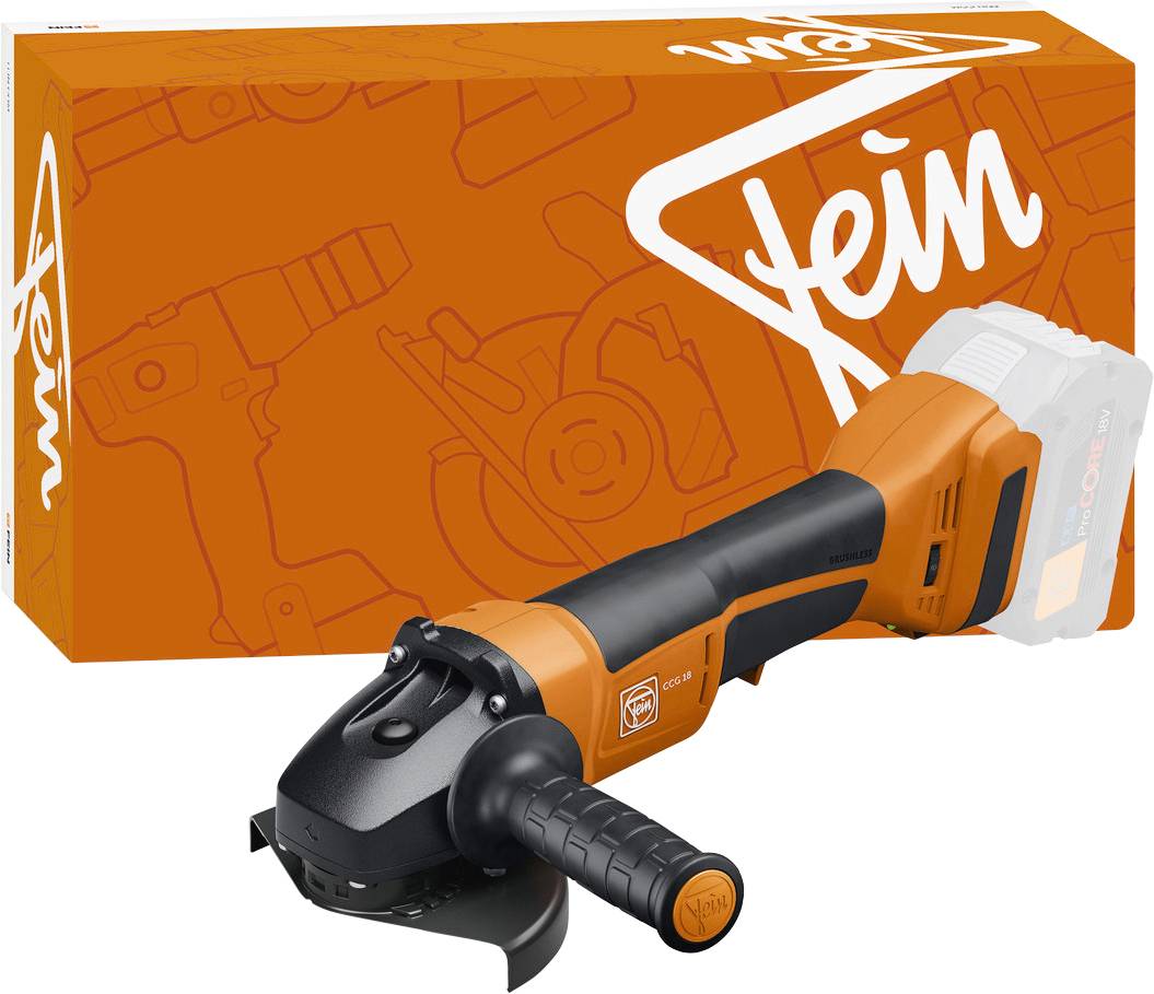 Orange- und schwarzer kabelloses Winkelschleifen mit ergonomischem Griff, dargestellt vor einer orangefarbenen Schachtel mit Markenname und Grafiken.