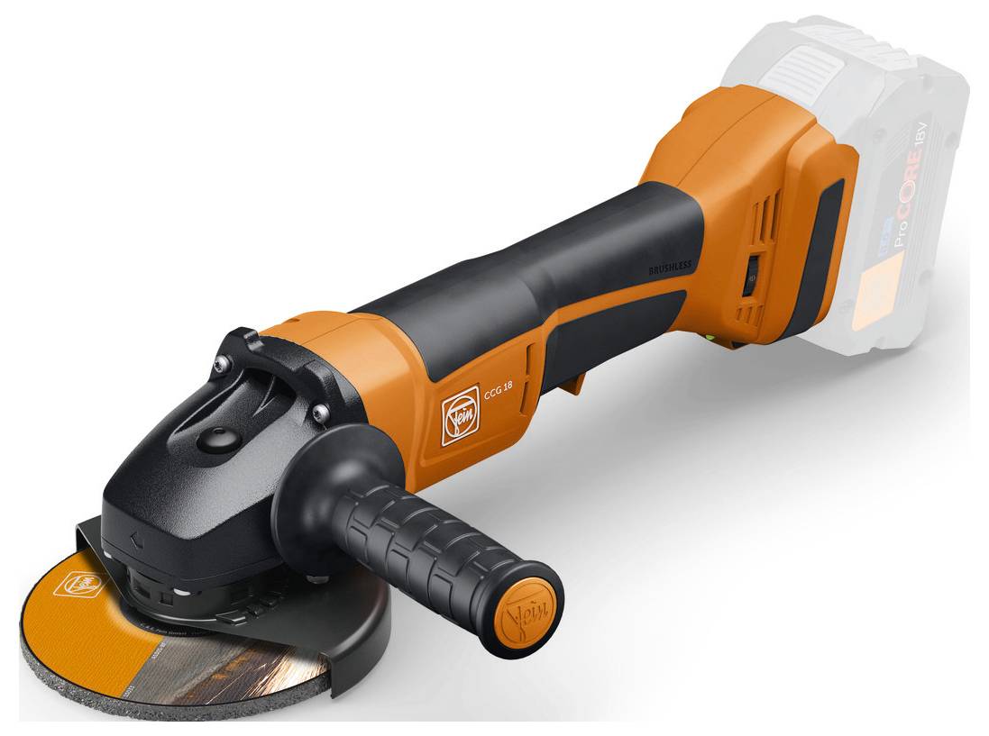 Ein orange-schwarzer kabelloses Winkelschleiffer mit Schleifscheibe und ergonomischem Griff, das Markenlogo auf der Seite zeigt.