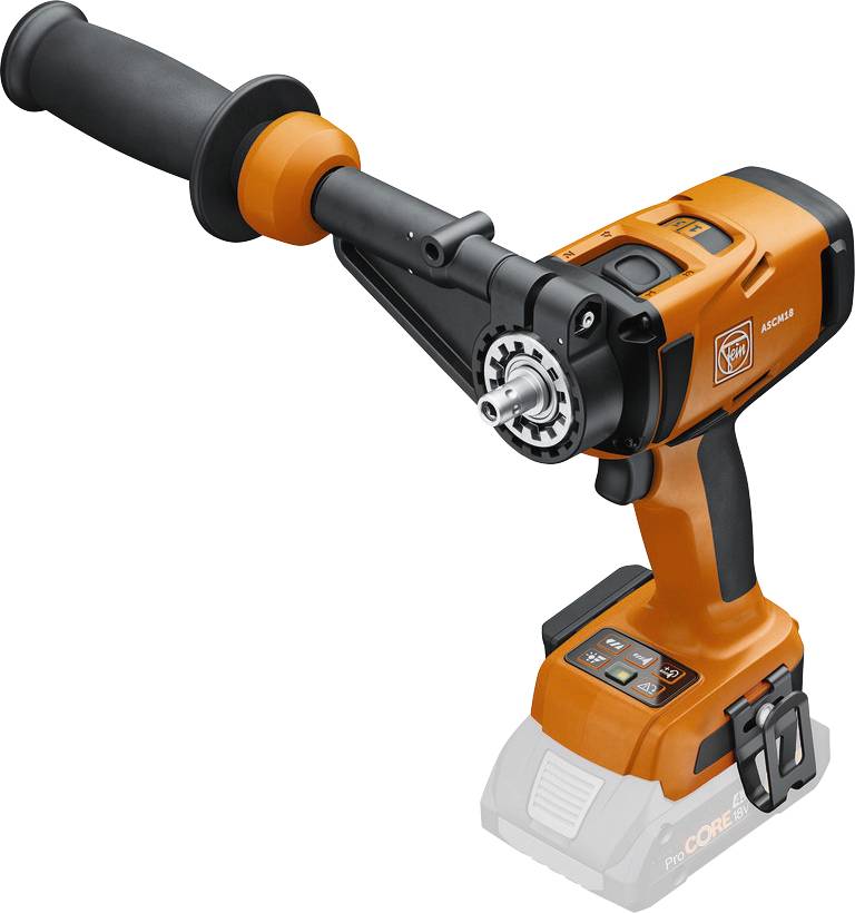 Ein orange-schwarzes kabelloses Elektrowerkzeug mit Seitengriff und Getriebemechanismus, das für schwere Bohr- und Schraubaufgaben verwendet wird.