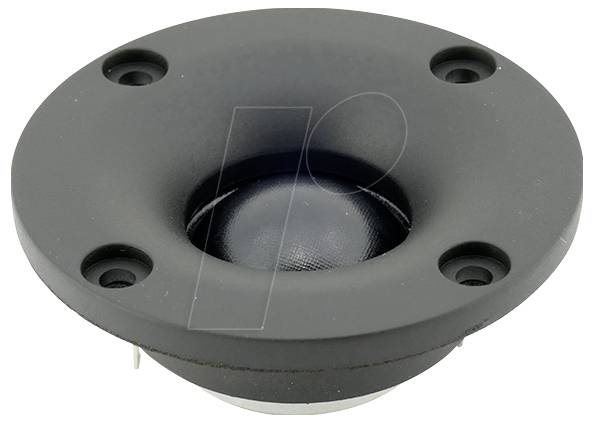 Ein runder schwarzer Lautsprecherhochtöner mit vier Befestigungslöchern. Der Hochtöner ist auf weißem Hintergrund platziert und zeigt seine Vorderansicht.