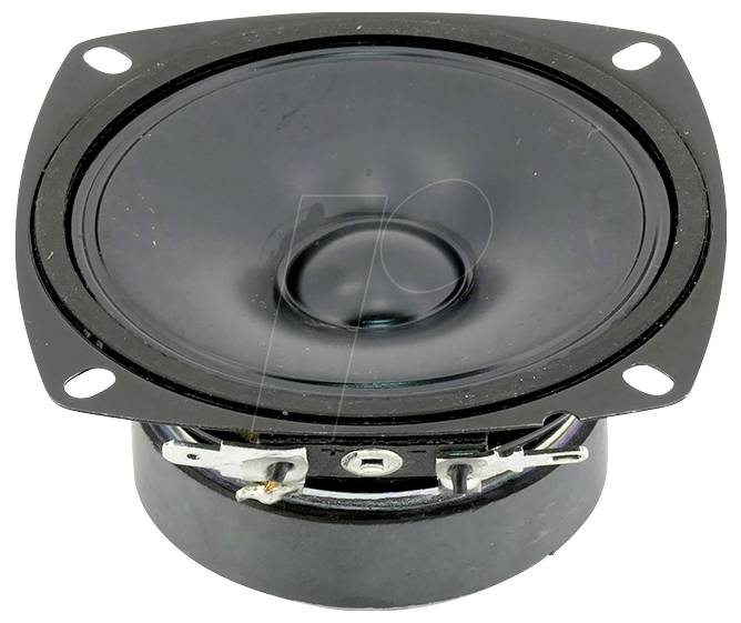 Eine Nahaufnahme eines schwarzen runden Lautsprechers mit Befestigungslöchern, Kabeln und einem Metallgehäuse.