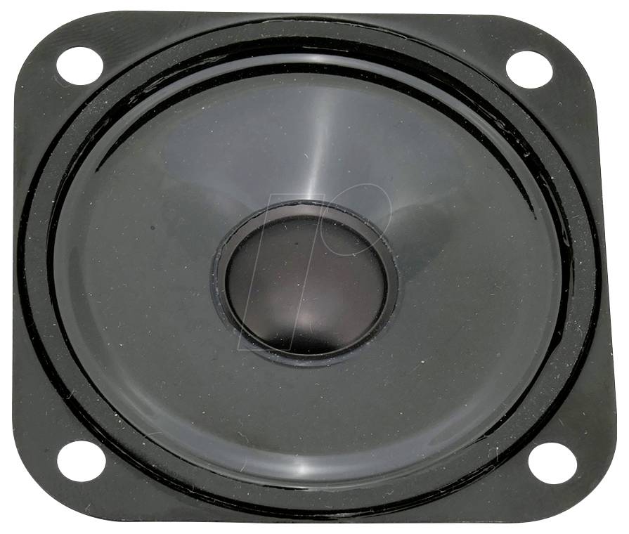 Ein runder, schwarzer Lautsprecherkegel mit einer zentralen Wölbung und Befestigungslöchern auf einem quadratischen Rahmen, der für die Audioschallausgabe verwendet wird.