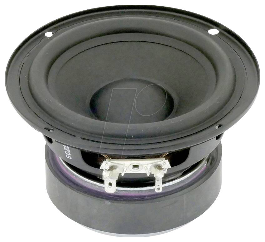 Ein schwarzer kreisförmiger Lautsprecher von vorne betrachtet. Der Lautsprecher verfügt über eine Kegelform mit Metallmontagelaschen und Spule darunter.