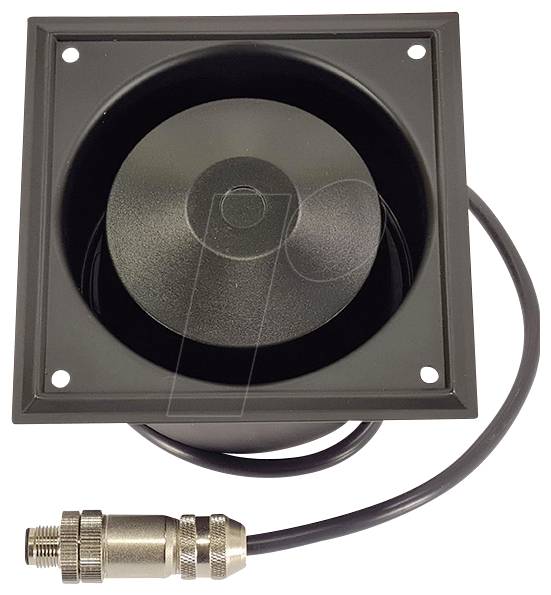 Ein schwarzer, quadratischer Ventilator mit kreisförmiger Mitte und angekabeltem Kabel, das einen Metallsteckerverbinder am Ende aufweist.