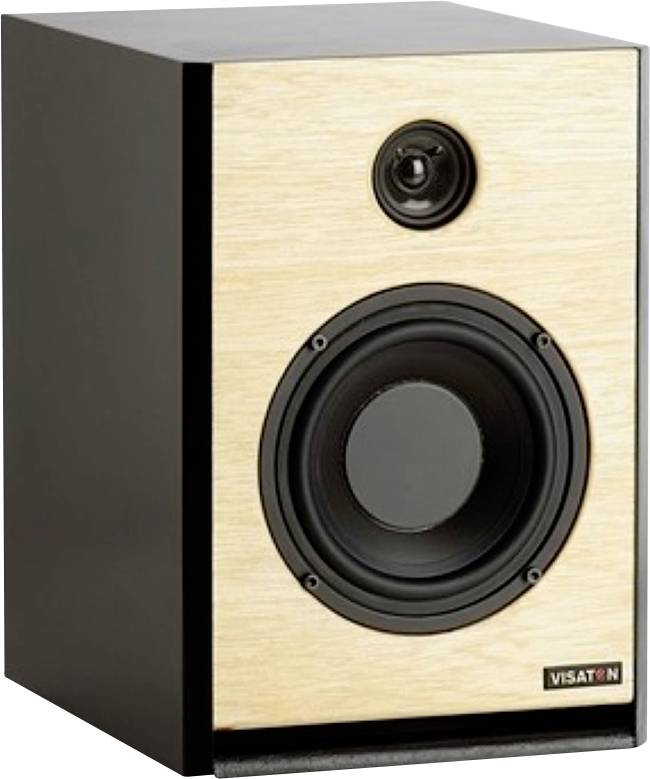 Ein Lautsprecher mit Holzgehäuse mit einem kleinen Hochtöner über einem größeren Tieftöner, mit der Marke „Visaton