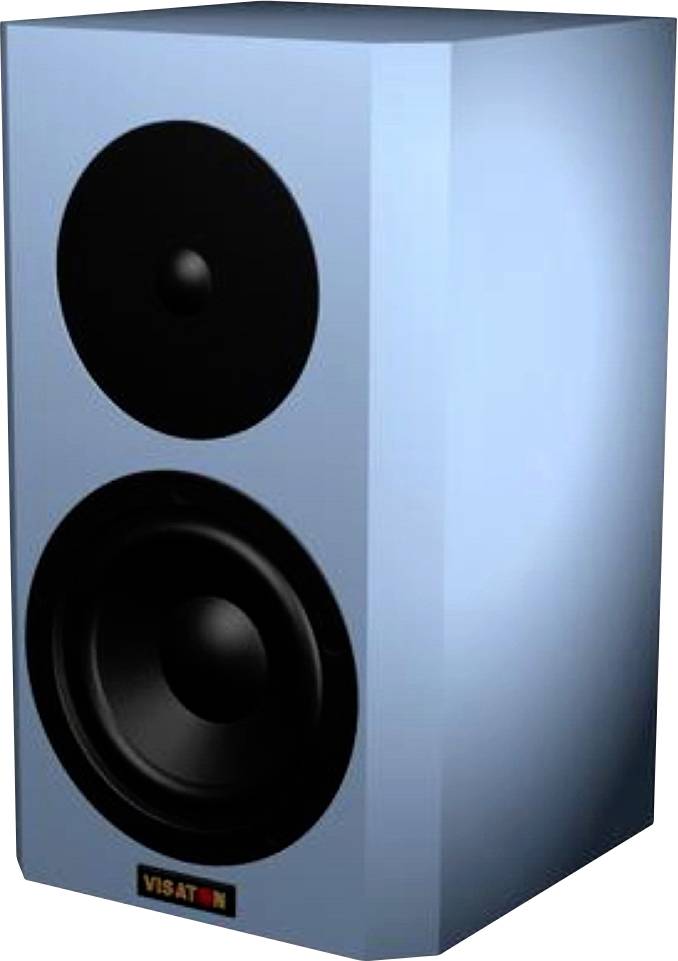 Ein blauer rechteckiger Visaton-Lautsprecher mit zwei nach vorne gerichteten Treibern in Schwarz.