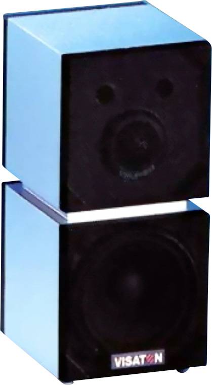 Blauer und schwarzer Visaton-Lautsprecher mit quadratischem Design, zeigt zwei übereinander angeordnete Einheiten mit sichtbaren Tieftonlautsprechern und dem Markenlogo unten.