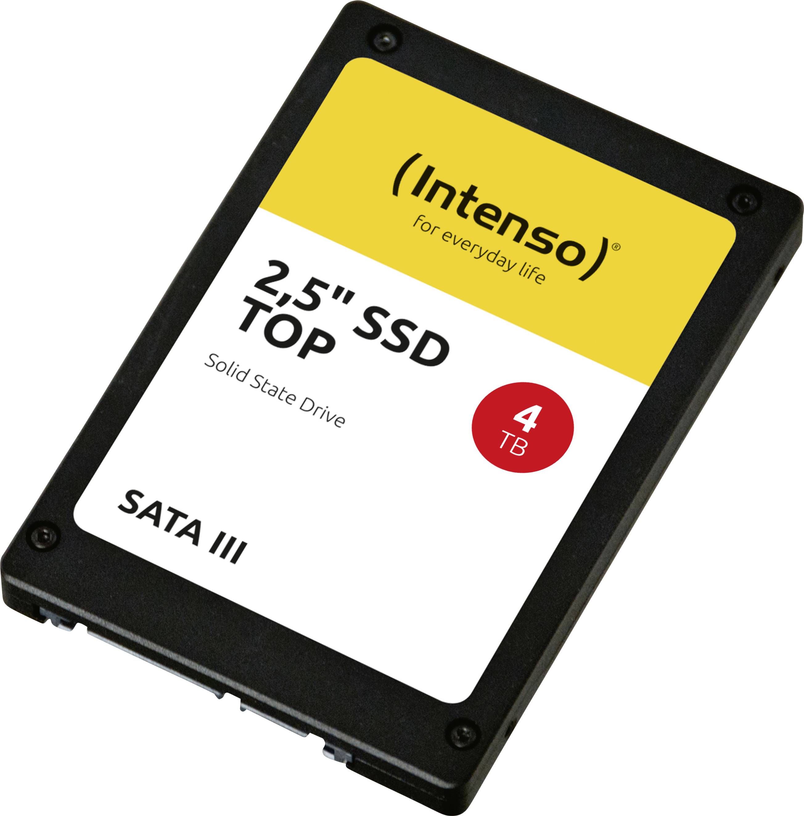 'Intenso' Marke 2,5-Zoll SSD mit Bezeichnung 'TOP', bietet 4 TB Speicher, nutzt SATA III-Schnittstelle.
