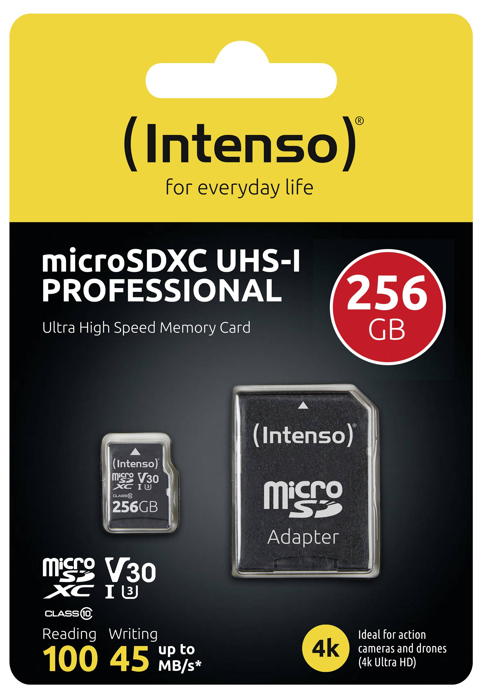 Intenso microSDXC UHS-I Professional 256 GB Speicherkarte mit Adapter, ideal für Action-Kameras und Drohnen, bis zu 100 MB/s Lesen, 45 MB/s Schreiben.