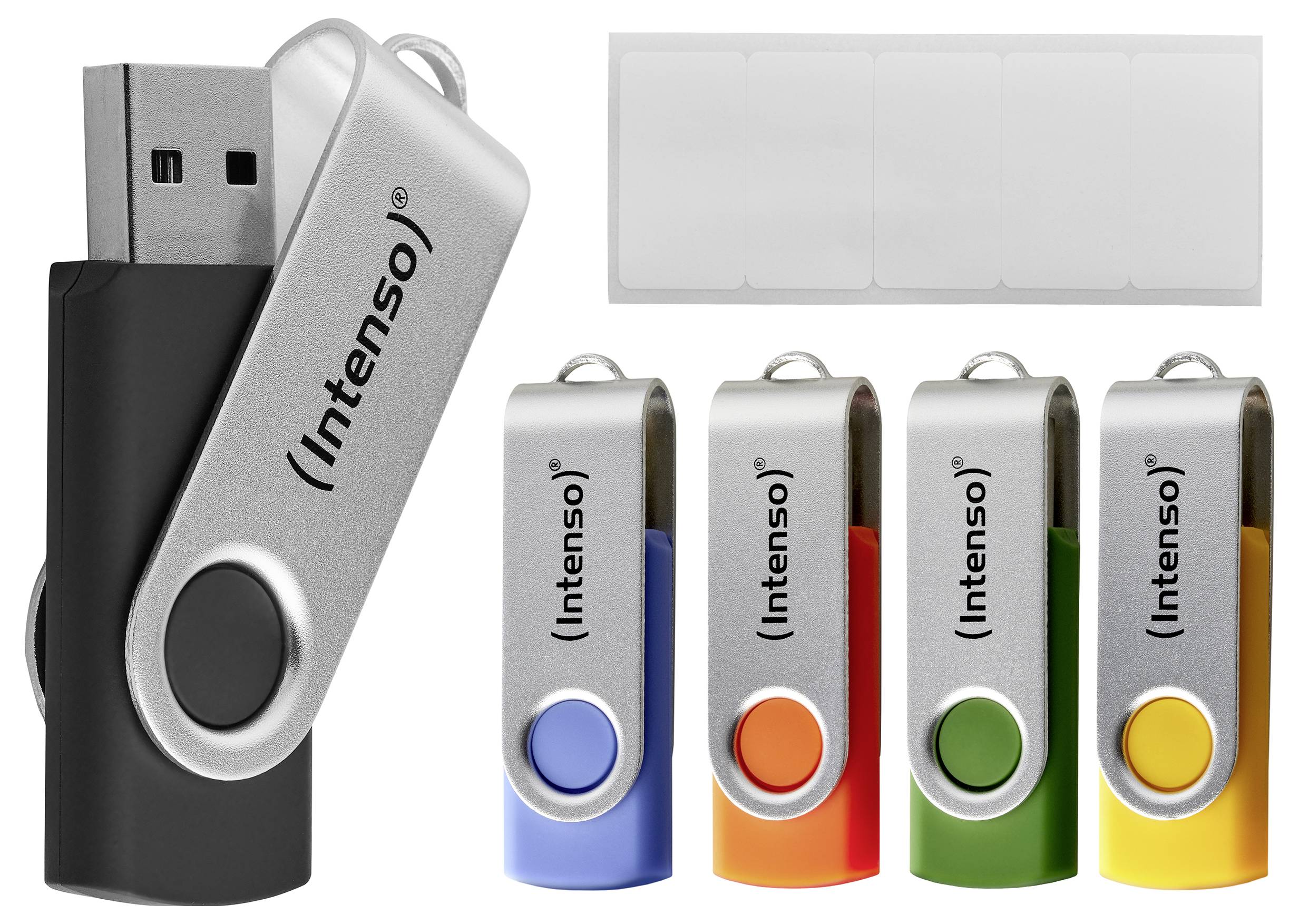 Ein Set von Intenso USB-Speichersticks mit schützenden schwenkbaren Kappen in verschiedenen Farben: Schwarz, Blau, Rot, Orange und Grün.