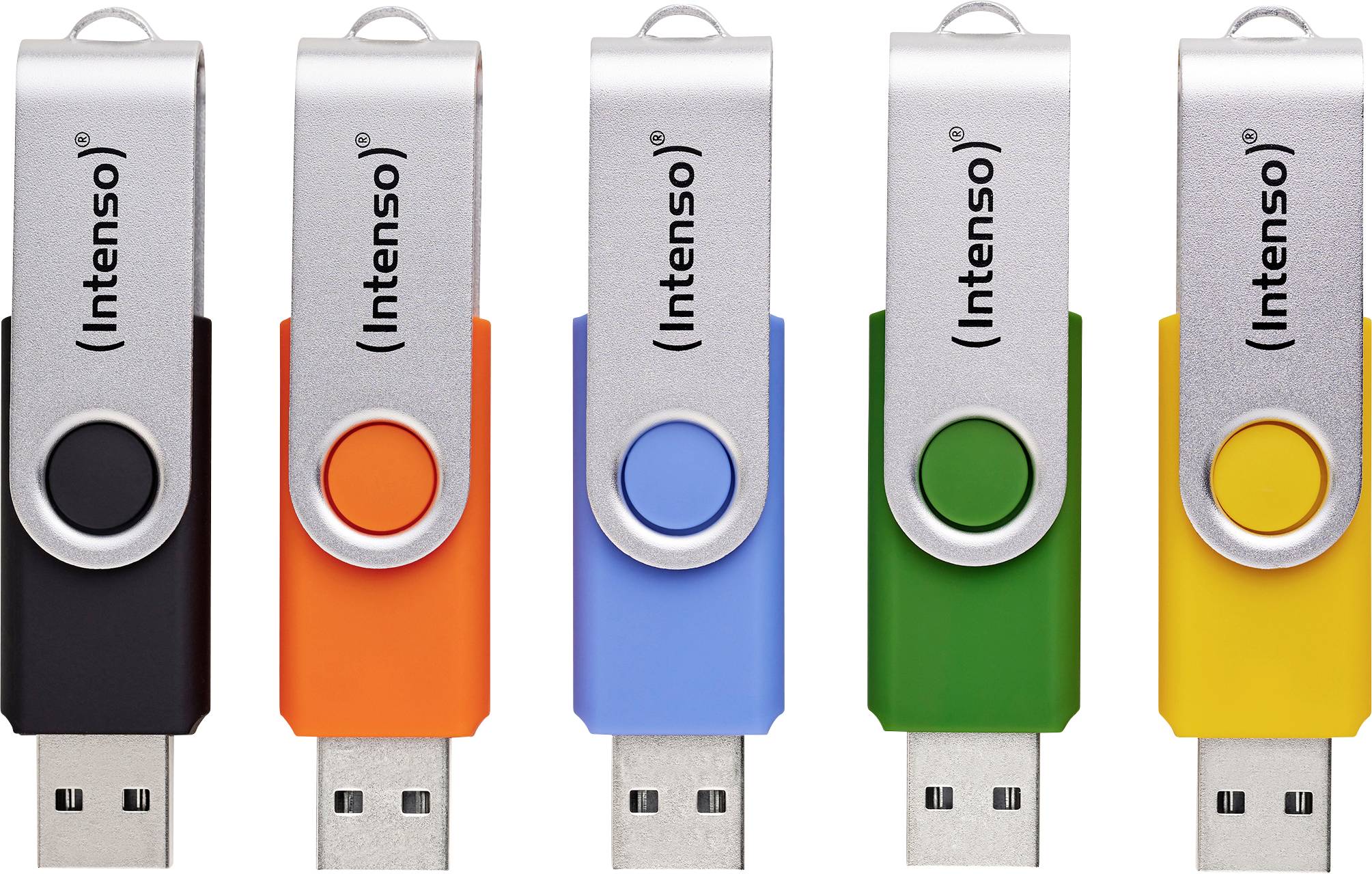 Fünf USB-Speichersticks mit Schwenkabdeckungen werden in Schwarz, Orange, Blau, Grün und Gelb angezeigt. Jeder hat den Markennamen „Intenso