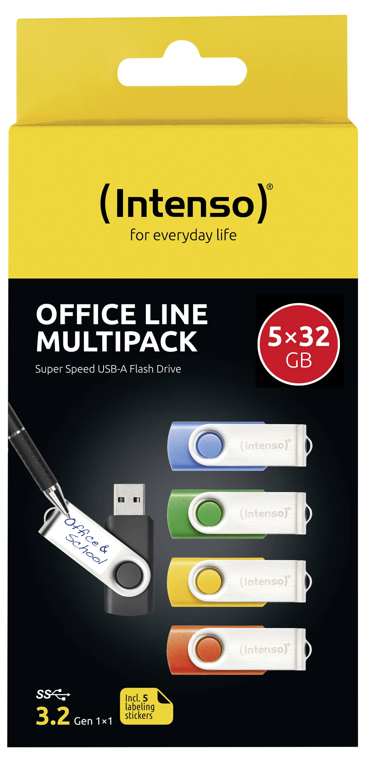 Intenso Office Line Multipack: 5 USB-A Speichersticks, je 32GB, mit farbcodierten Kappen. Inklusive beschreibbare Etiketten zur Kennzeichnung.